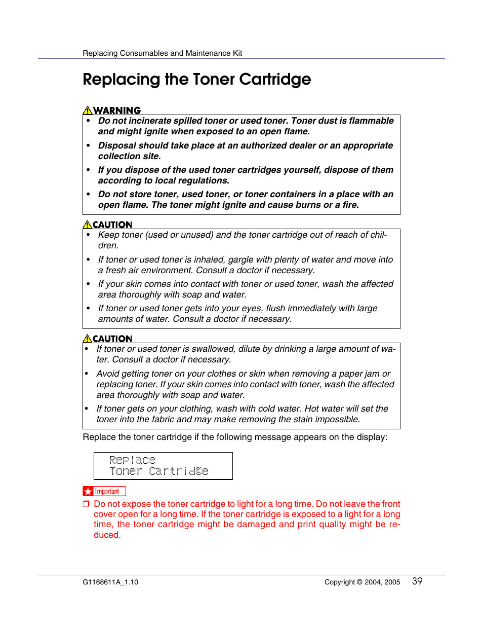 Replacing consumables and maintenance kit, Replacing the toner cartridge, Replace toner cartridge | Ricoh Aficio AP610i User Manual | Page 39 / 117