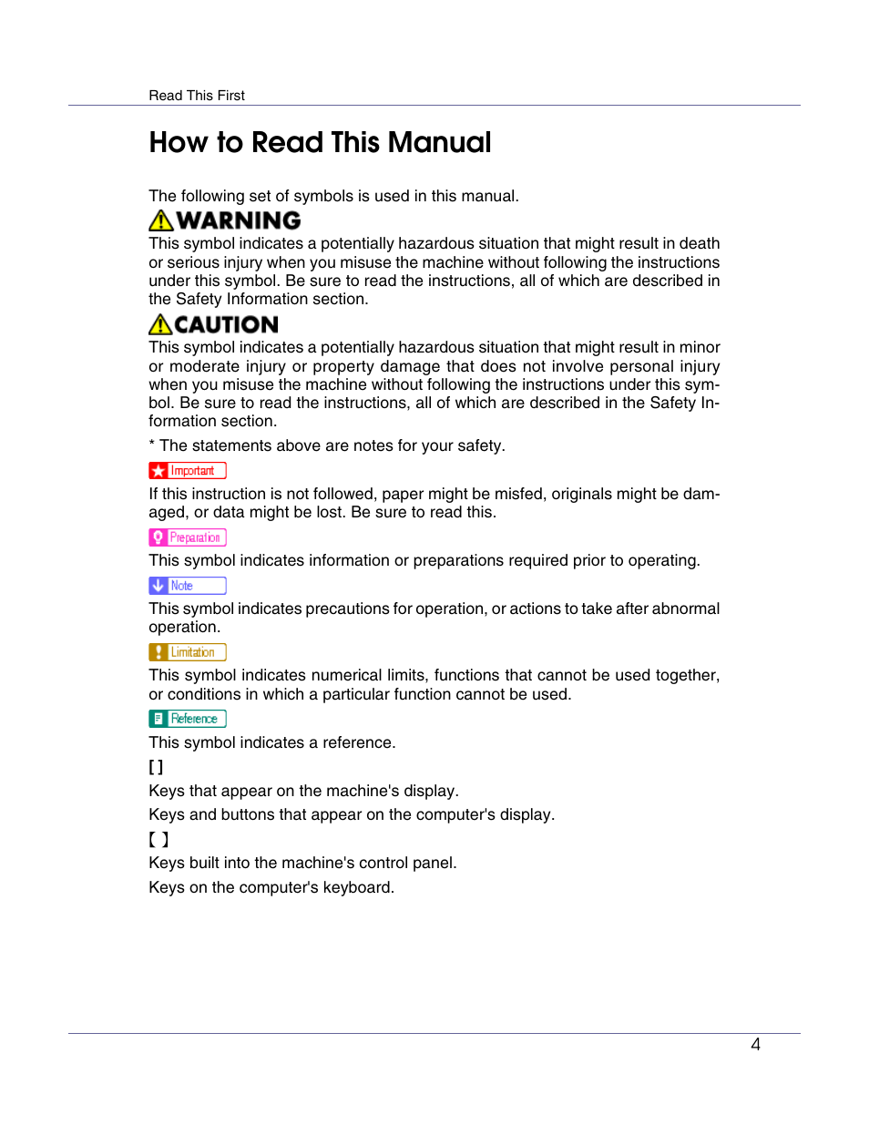 How to read this manual | Ricoh Aficio AP610i User Manual | Page 4 / 117