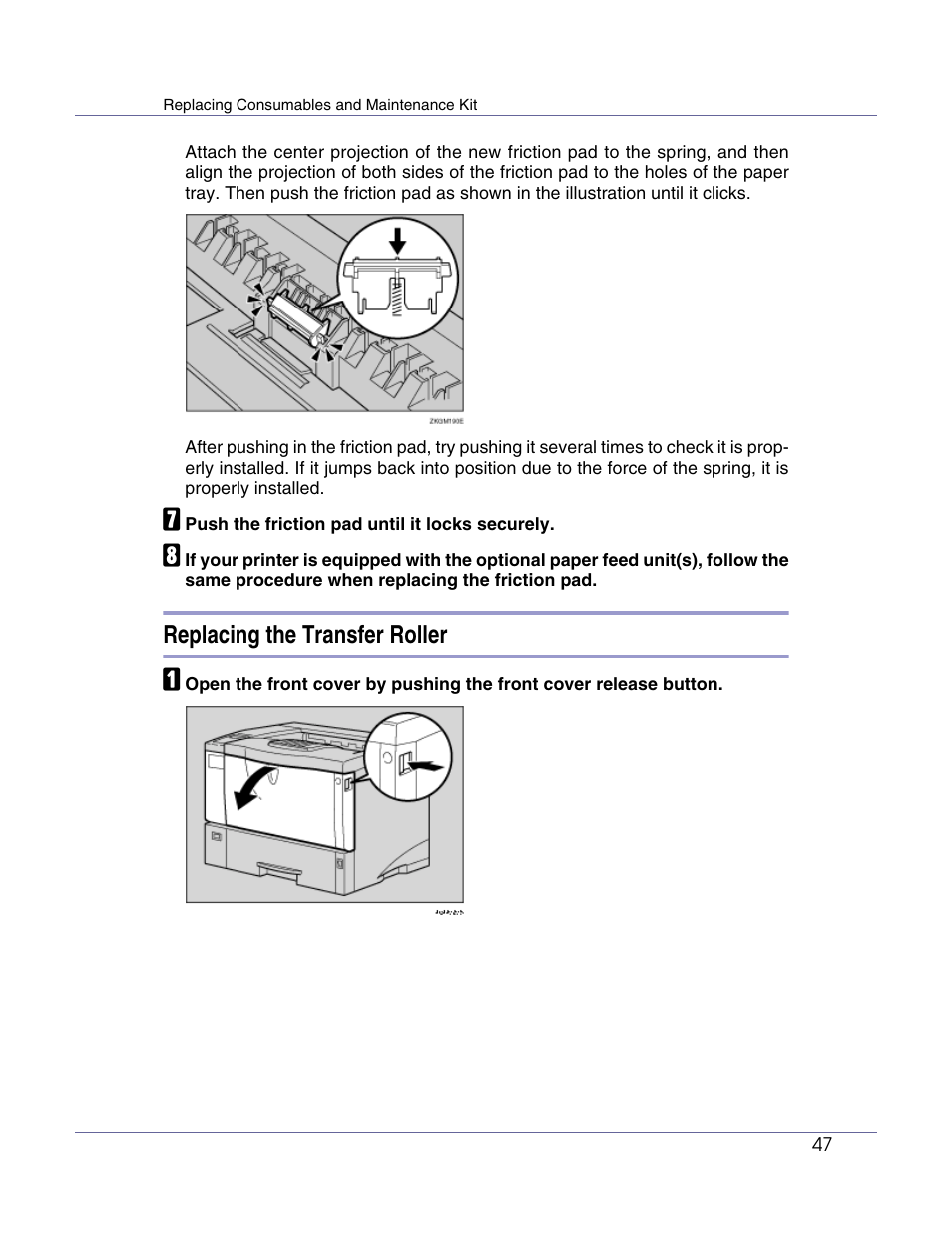 Replacing the transfer roller, P.47 “replacing the transfer roller | Ricoh Aficio AP610i User Manual | Page 47 / 117
