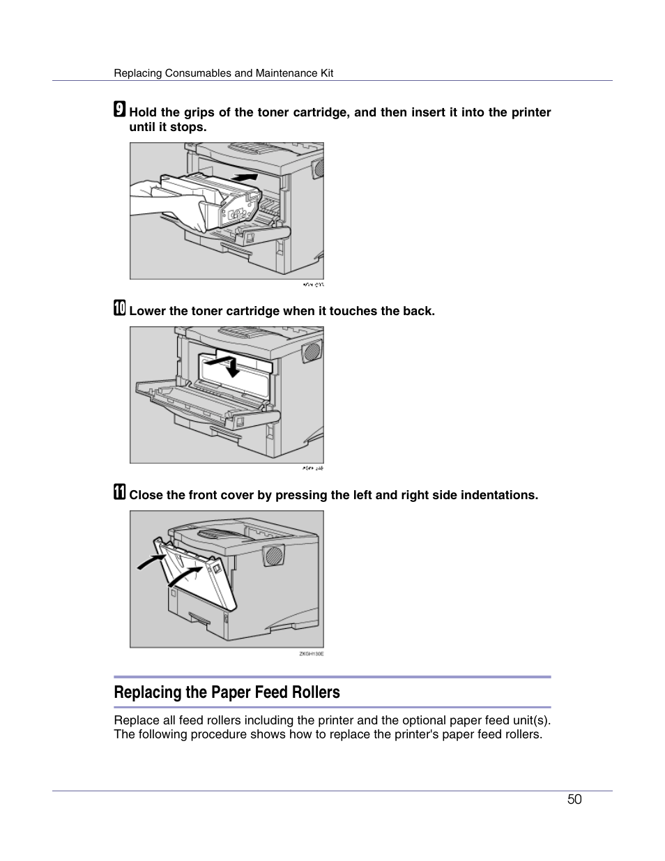 Replacing the paper feed rollers, P.50 “replacing the paper feed rollers | Ricoh Aficio AP610i User Manual | Page 50 / 117