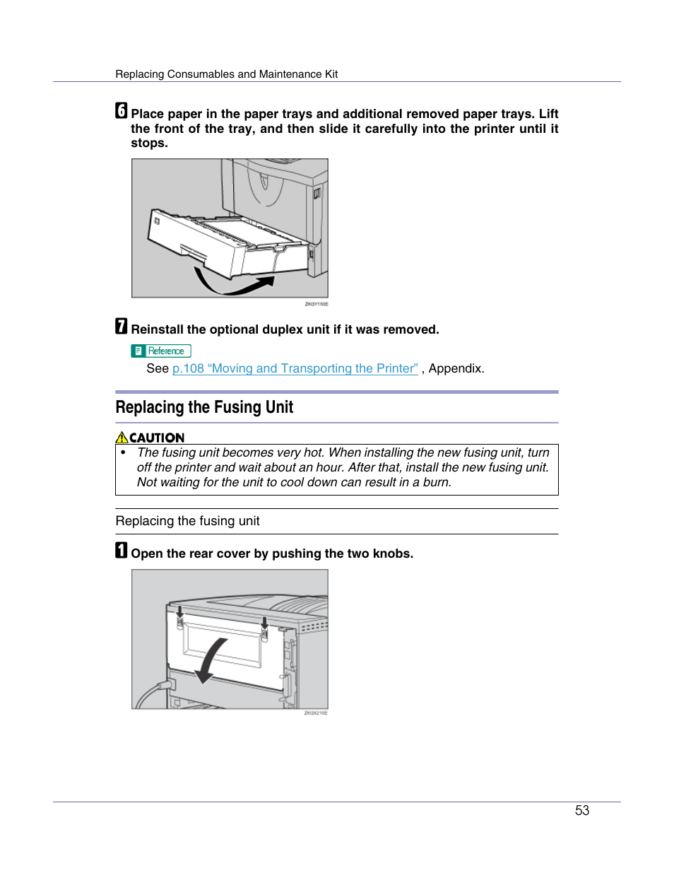 Replacing the fusing unit, P.53 “replacing the fusing unit | Ricoh Aficio AP610i User Manual | Page 53 / 117