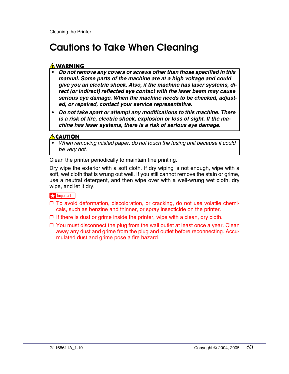 Cleaning the printer, Cautions to take when cleaning | Ricoh Aficio AP610i User Manual | Page 60 / 117