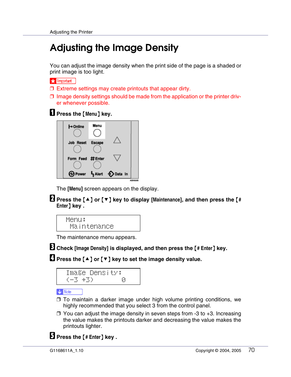 Adjusting the printer, Adjusting the image density | Ricoh Aficio AP610i User Manual | Page 70 / 117