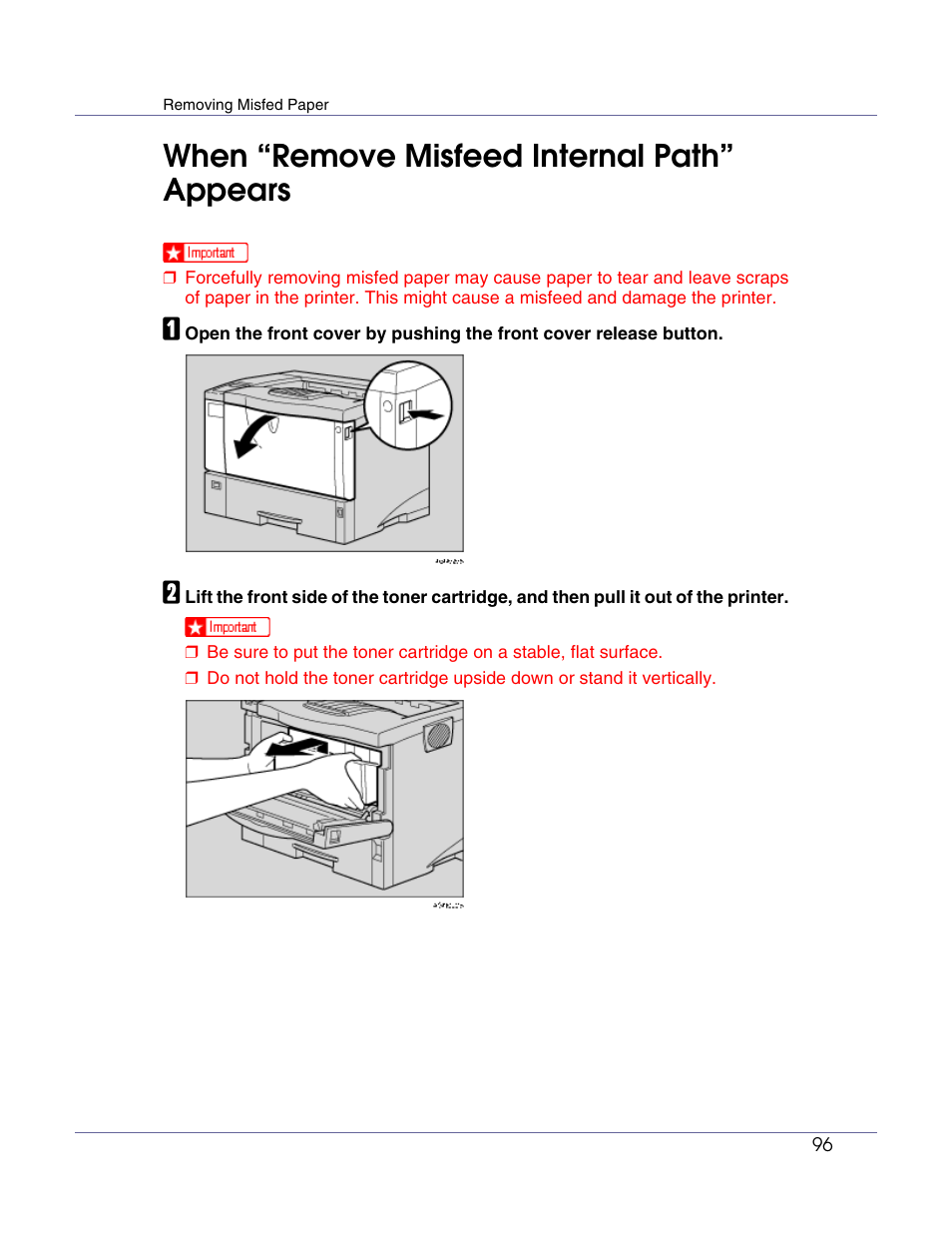 When “remove misfeed internal path” appears, P.96 “when “remove misfeed in, Ternal path” appears | Ricoh Aficio AP610i User Manual | Page 96 / 117
