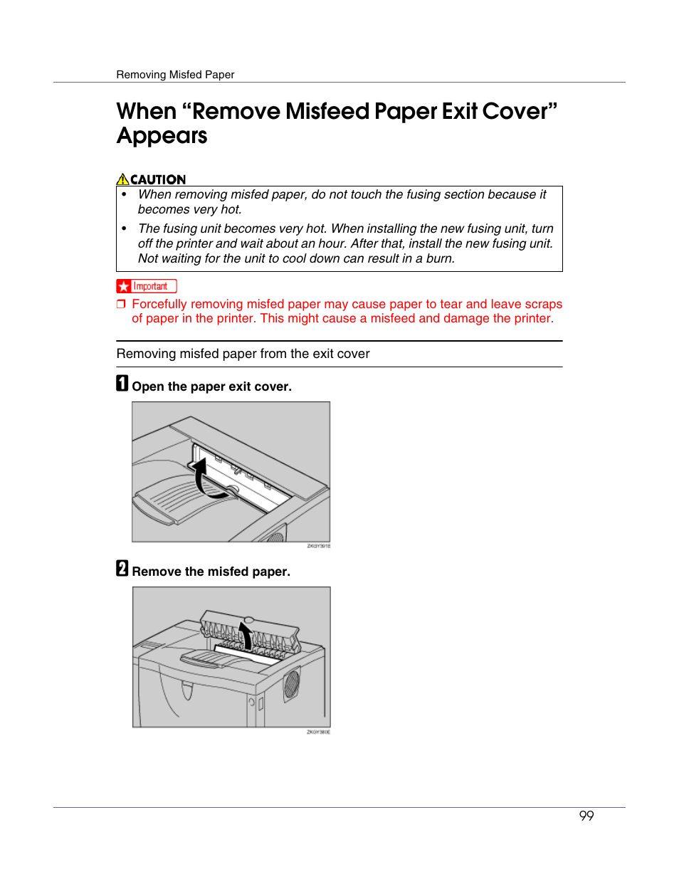 When “remove misfeed paper exit cover” appears, P.99 “when “remove misfeed, Paper exit cover” appears | Ricoh Aficio AP610i User Manual | Page 99 / 117