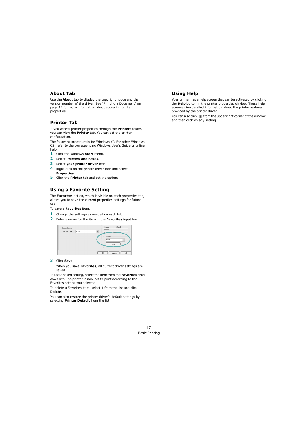 About tab, Printer tab, Using a favorite setting | Using help, About tab - printer tab, Using a favorite setting - using help | Ricoh Laser MFP Printer User Manual | Page 109 / 129