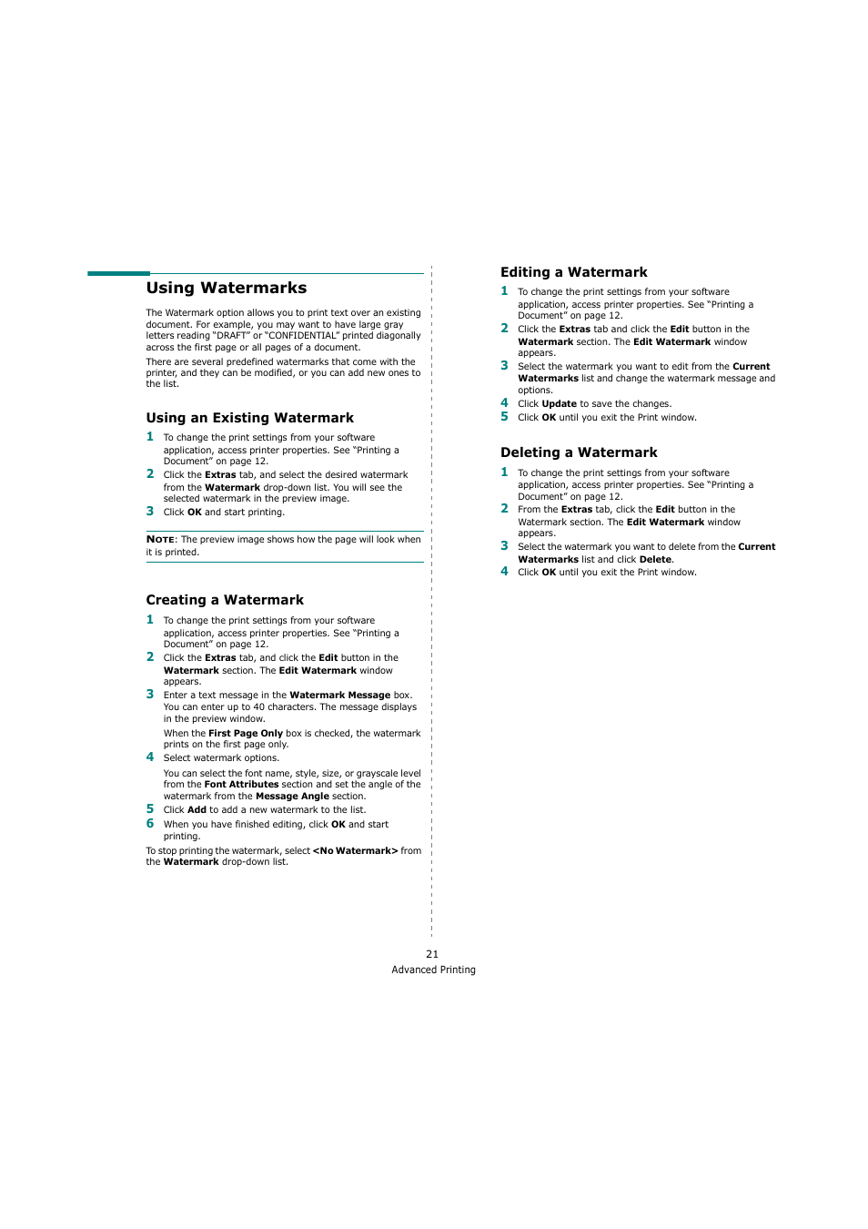Using watermarks, Using an existing watermark, Creating a watermark | Editing a watermark, Deleting a watermark, Using an existing watermark creating a watermark, Editing a watermark deleting a watermark | Ricoh Laser MFP Printer User Manual | Page 113 / 129