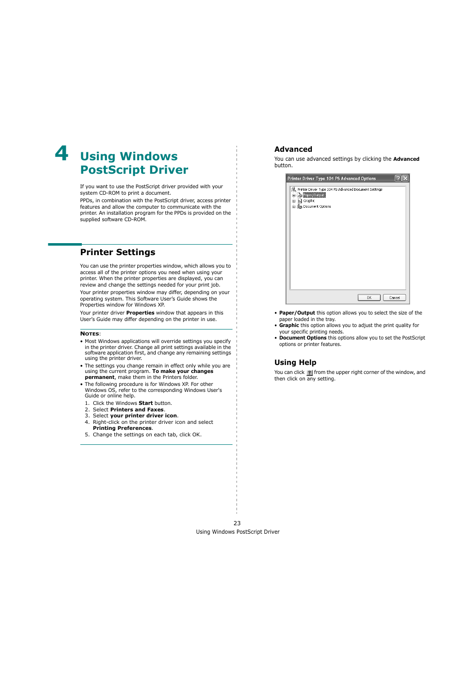 Using windows postscript driver, Printer settings, Advanced | Using help, Chapter 4, Advanced using help | Ricoh Laser MFP Printer User Manual | Page 115 / 129