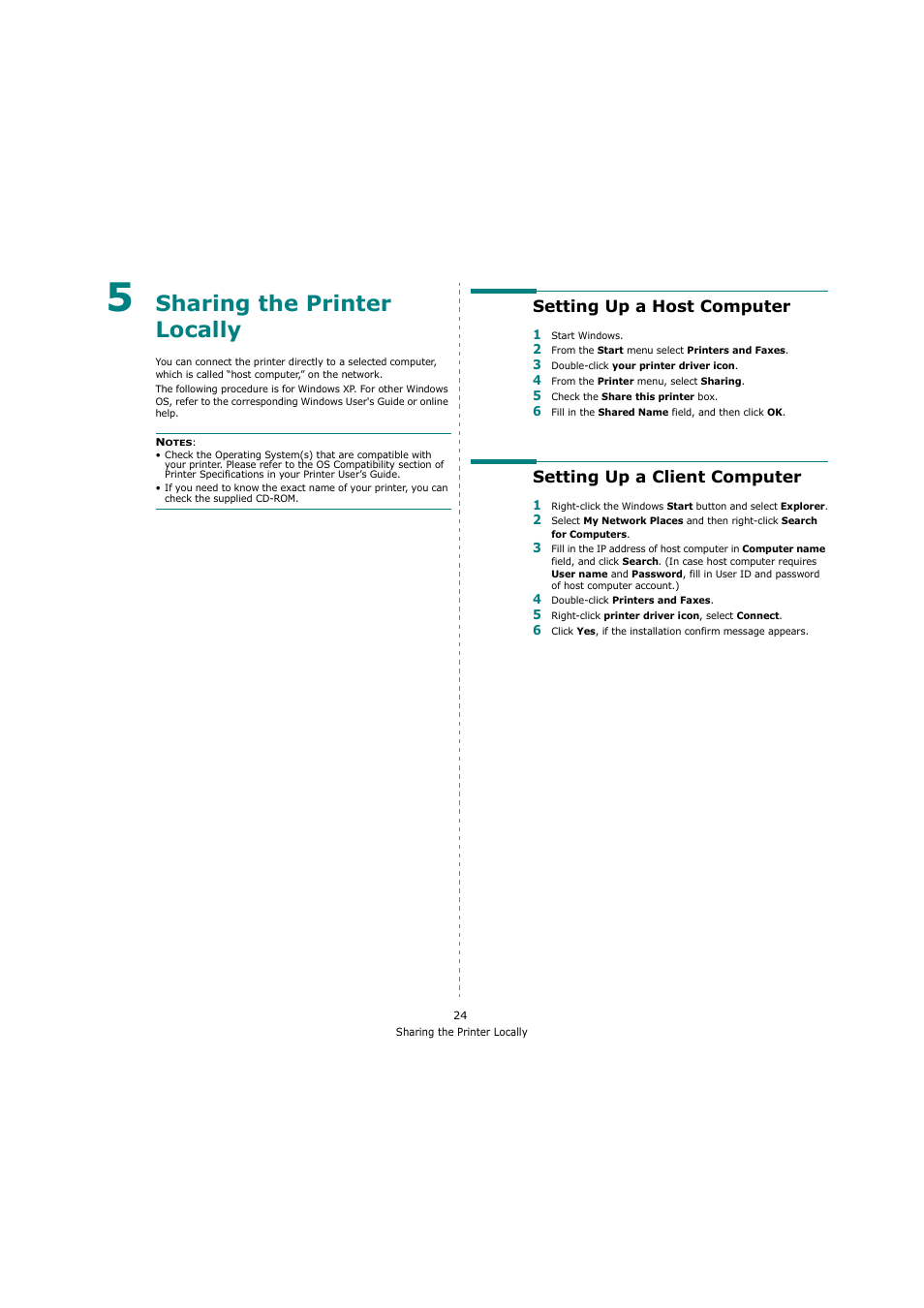 Sharing the printer locally, Setting up a host computer, Setting up a client computer | Chapter 5 | Ricoh Laser MFP Printer User Manual | Page 116 / 129