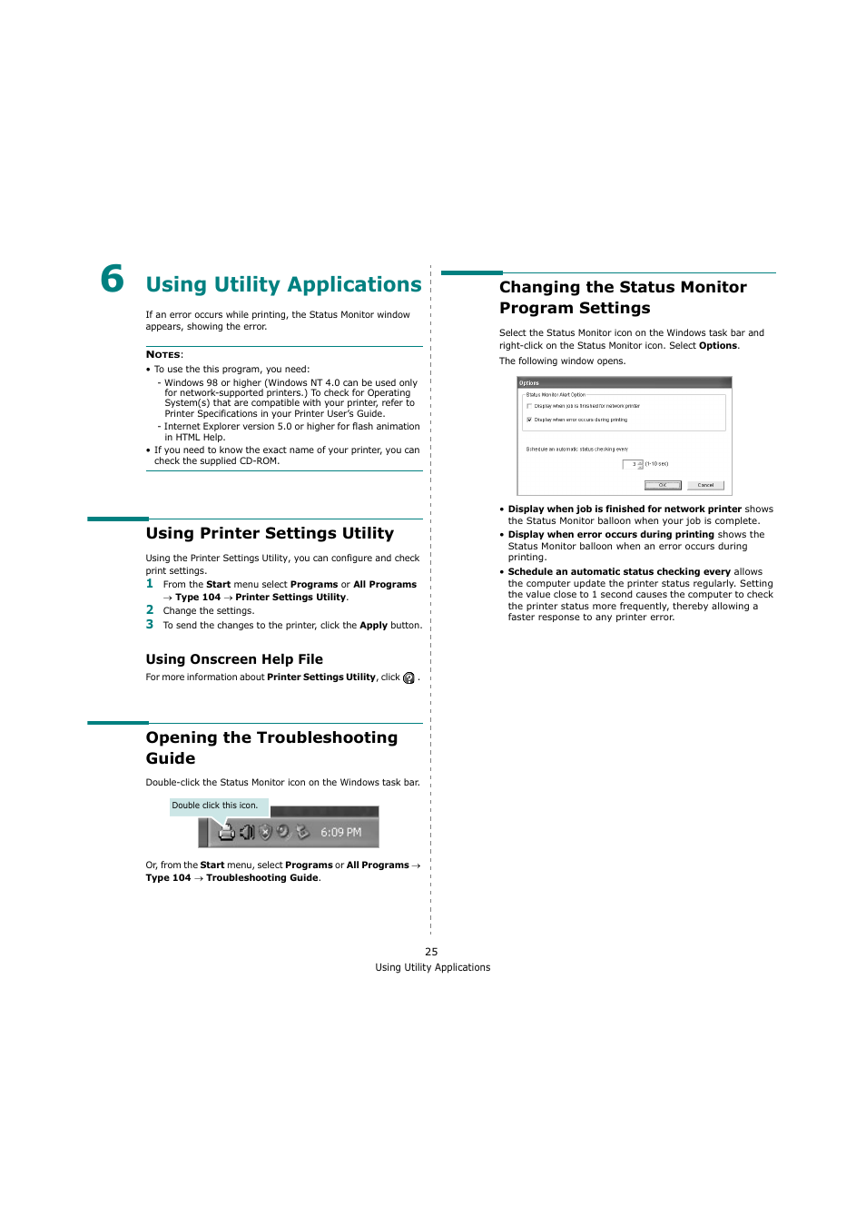 Using utility applications, Using printer settings utility, Using onscreen help file | Opening the troubleshooting guide, Changing the status monitor program settings, Chapter 6 | Ricoh Laser MFP Printer User Manual | Page 117 / 129