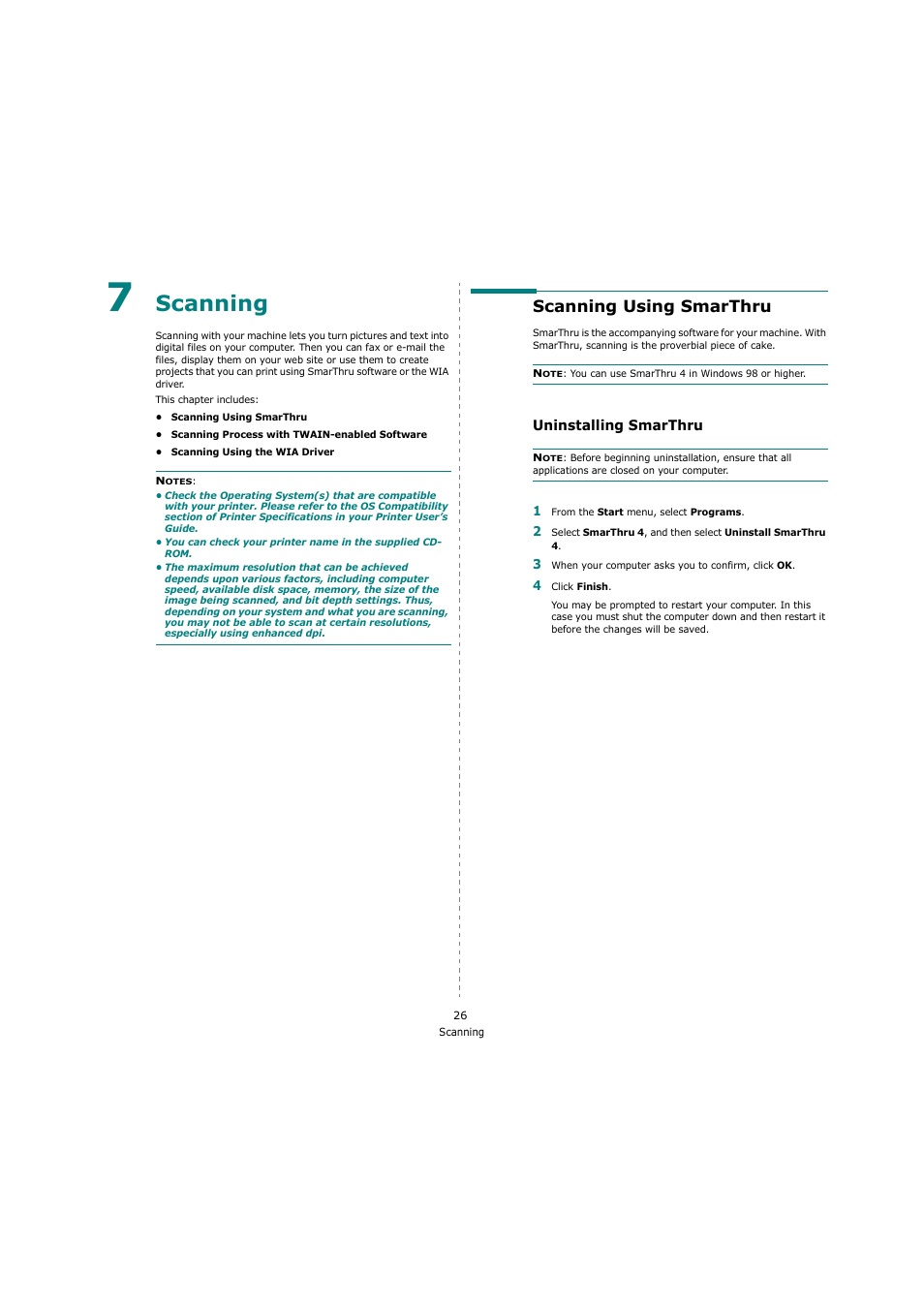 Scanning, Scanning using smarthru, Uninstalling smarthru | Chapter 7 | Ricoh Laser MFP Printer User Manual | Page 118 / 129