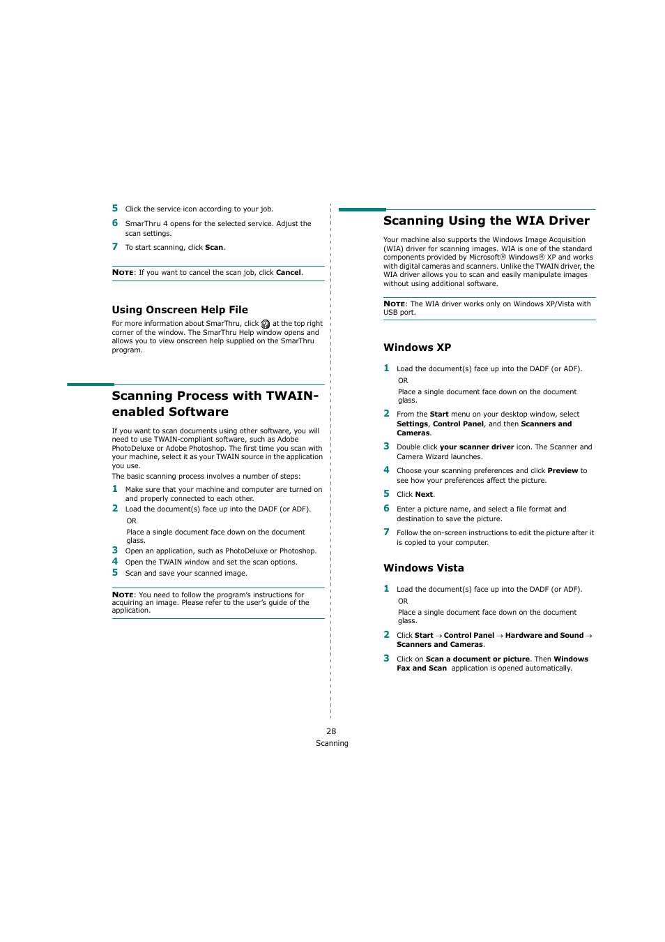 Using onscreen help file, Scanning process with twain- enabled software, Scanning using the wia driver | Windows xp, Windows vista, Windows xp windows vista | Ricoh Laser MFP Printer User Manual | Page 120 / 129