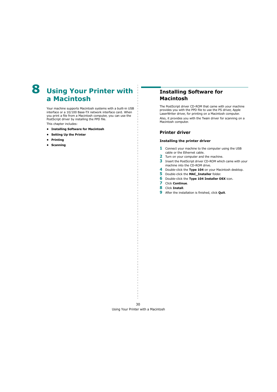 Using your printer with a macintosh, Installing software for macintosh, Printer driver | Chapter 8 | Ricoh Laser MFP Printer User Manual | Page 122 / 129
