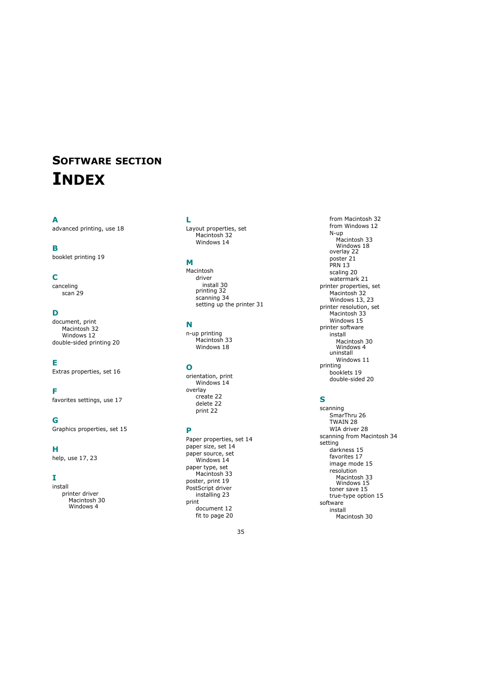 Software section index, Ndex, Oftware | Ricoh Laser MFP Printer User Manual | Page 127 / 129