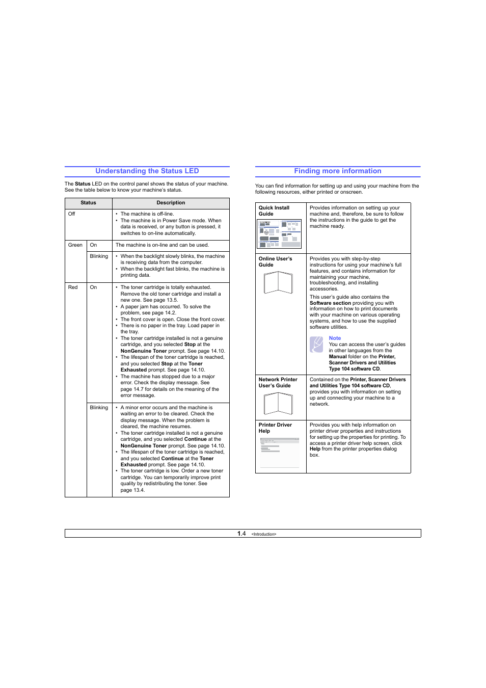 Understanding the status led, Finding more information | Ricoh Laser MFP Printer User Manual | Page 14 / 129