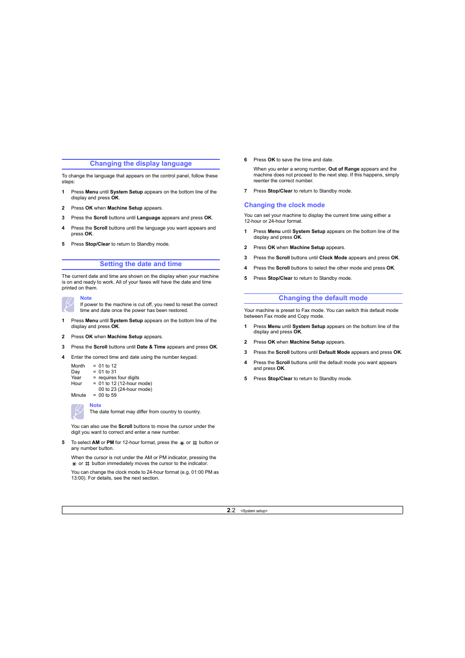 Changing the display language, Setting the date and time, Changing the clock mode | Changing the default mode | Ricoh Laser MFP Printer User Manual | Page 17 / 129