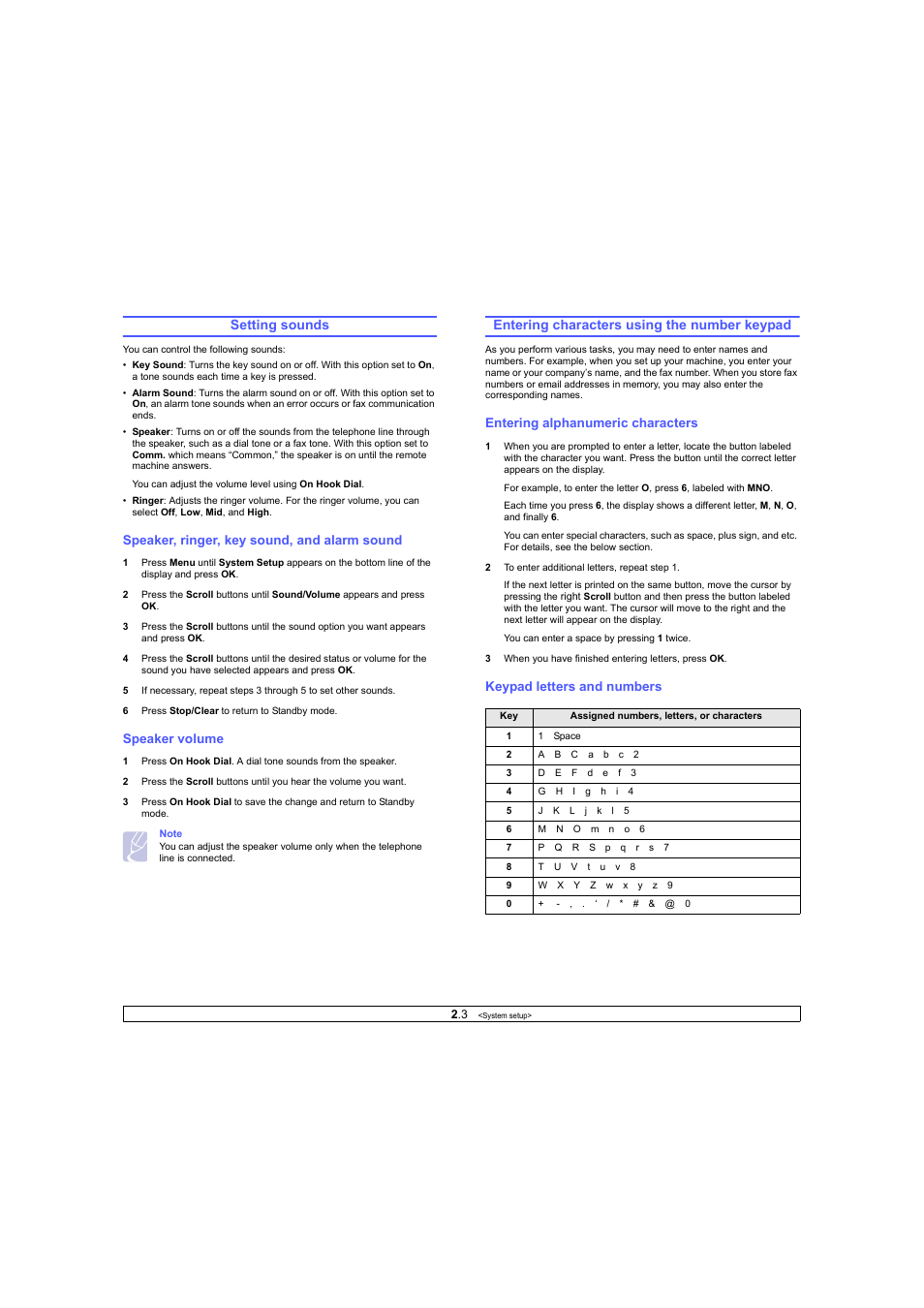 Setting sounds, Speaker, ringer, key sound, and alarm sound, Speaker volume | Entering characters using the number keypad, Entering alphanumeric characters, Keypad letters and numbers | Ricoh Laser MFP Printer User Manual | Page 18 / 129