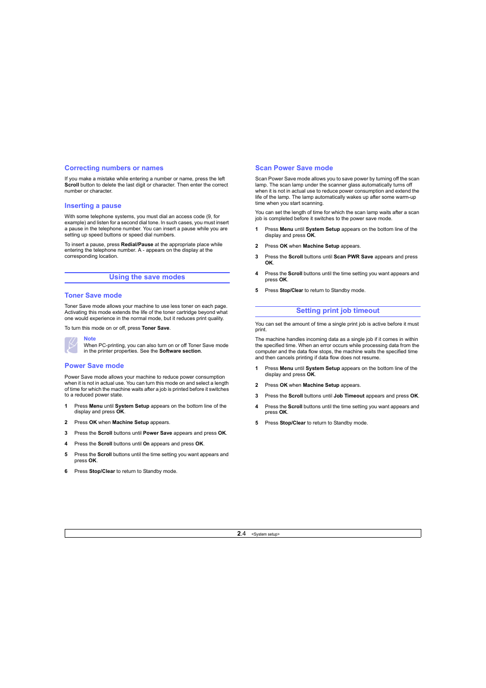 Correcting numbers or names, Inserting a pause, Using the save modes | Toner save mode, Power save mode, Scan power save mode, Setting print job timeout, Using the save modes setting print job timeout | Ricoh Laser MFP Printer User Manual | Page 19 / 129