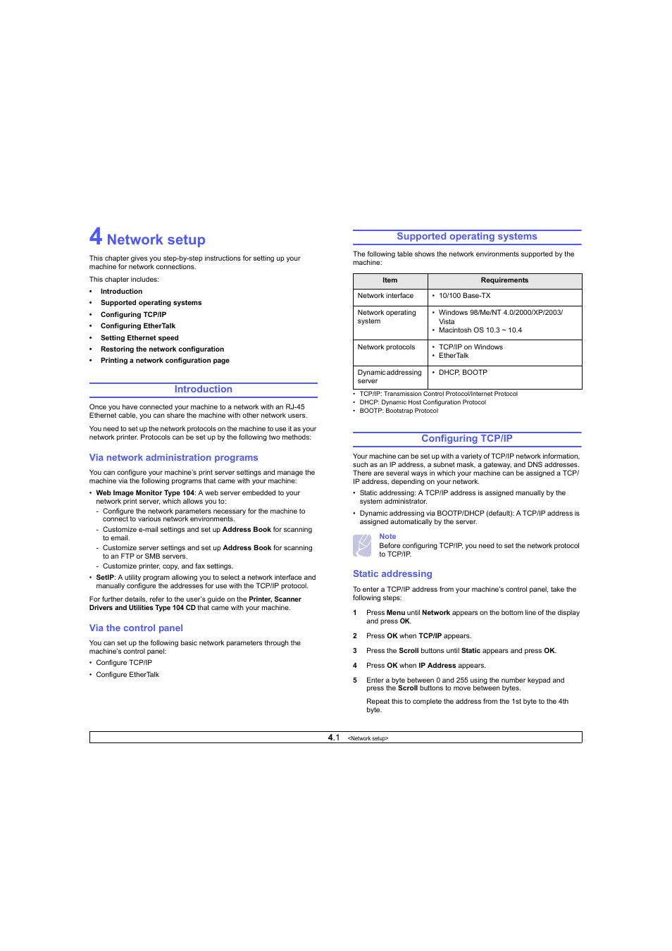 Network setup, Introduction, Via network administration programs | Via the control panel, Supported operating systems, Configuring tcp/ip, Static addressing | Ricoh Laser MFP Printer User Manual | Page 22 / 129