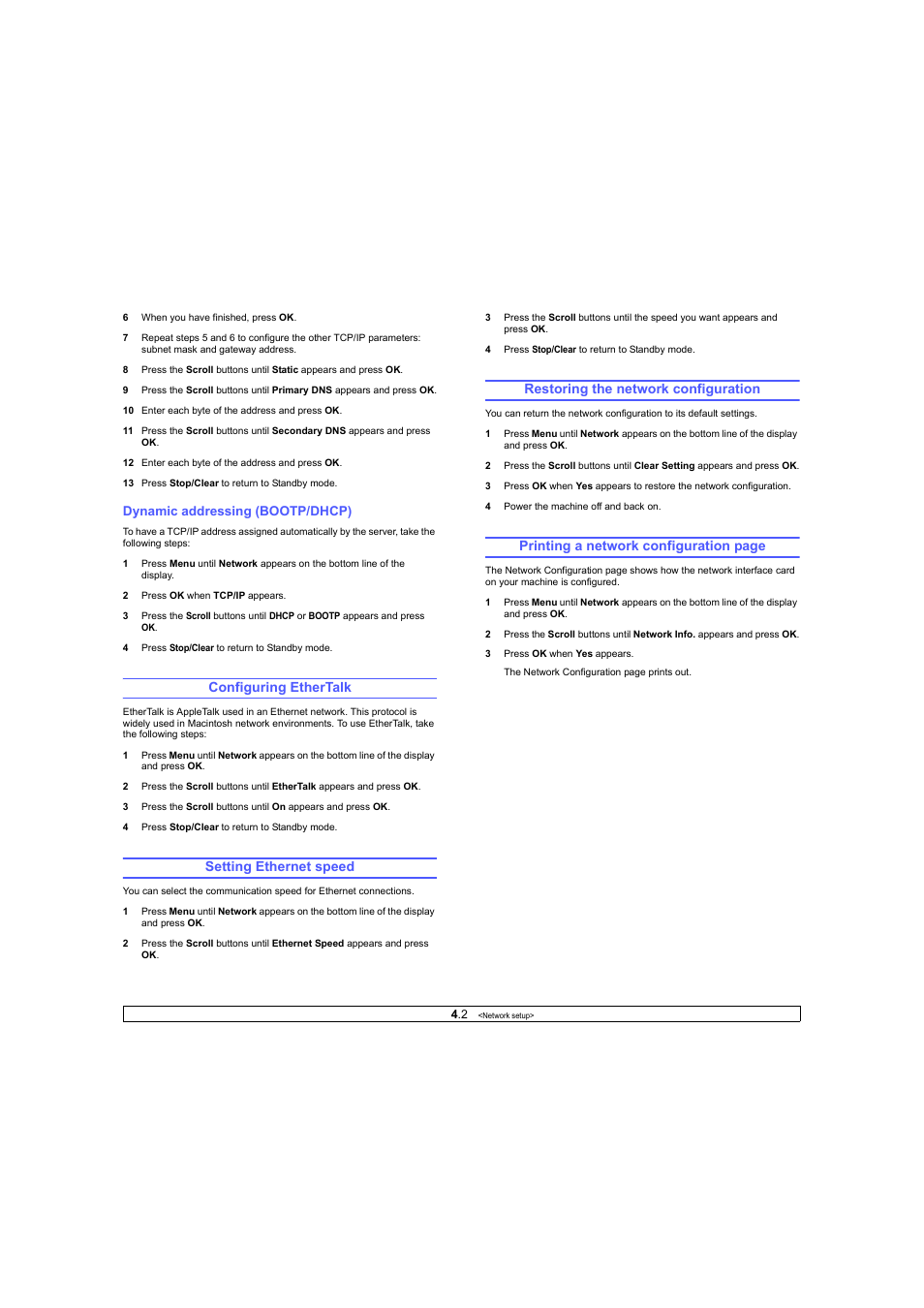 Dynamic addressing (bootp/dhcp), Configuring ethertalk, Setting ethernet speed | Restoring the network configuration, Printing a network configuration page | Ricoh Laser MFP Printer User Manual | Page 23 / 129