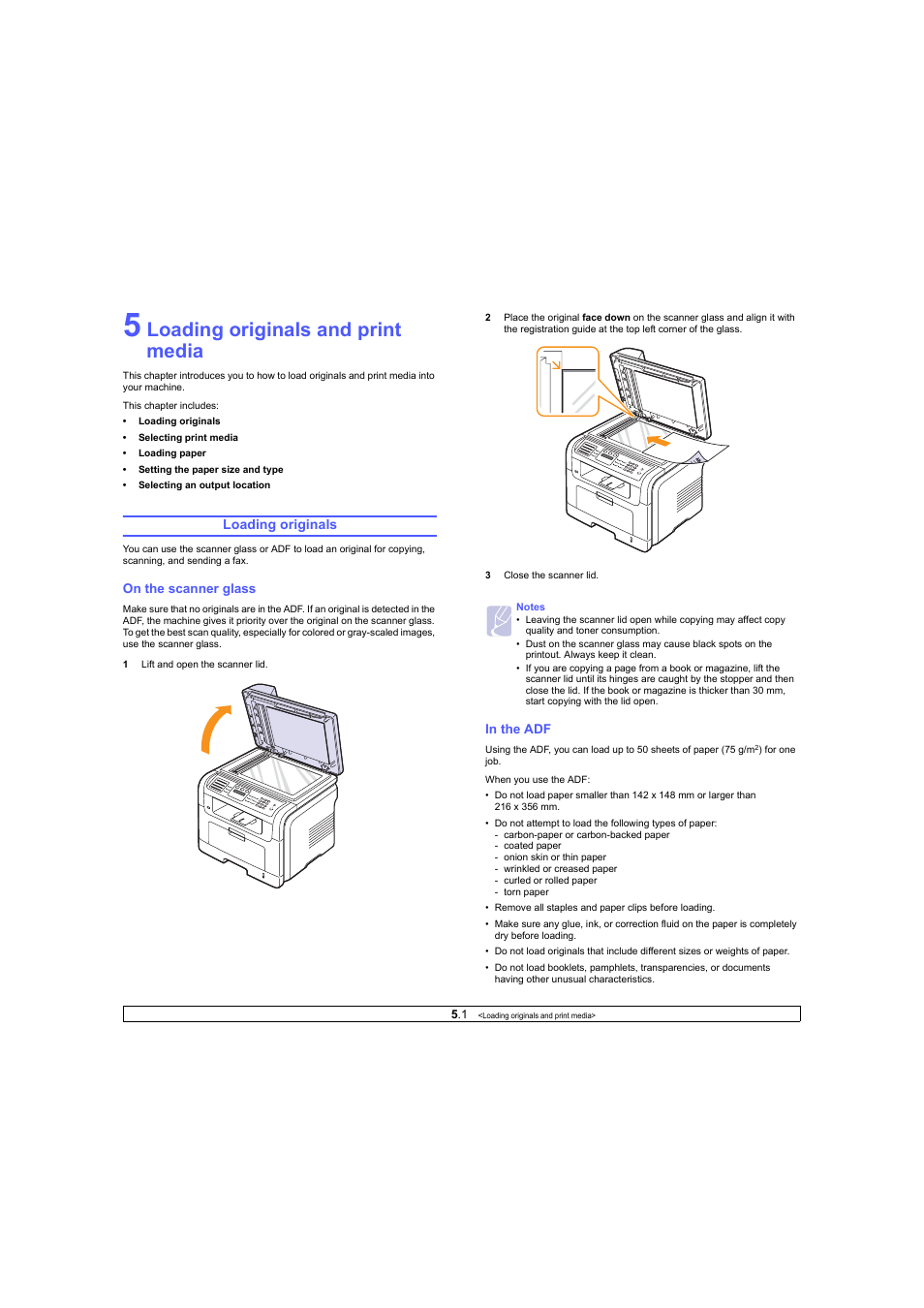 Loading originals and print media, Loading originals, On the scanner glass | In the adf | Ricoh Laser MFP Printer User Manual | Page 24 / 129