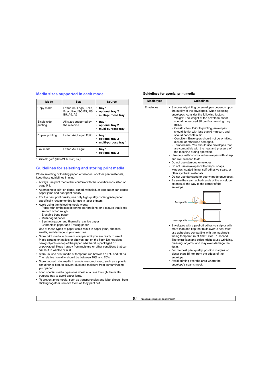 Media sizes supported in each mode, Guidelines for selecting and storing print media | Ricoh Laser MFP Printer User Manual | Page 27 / 129