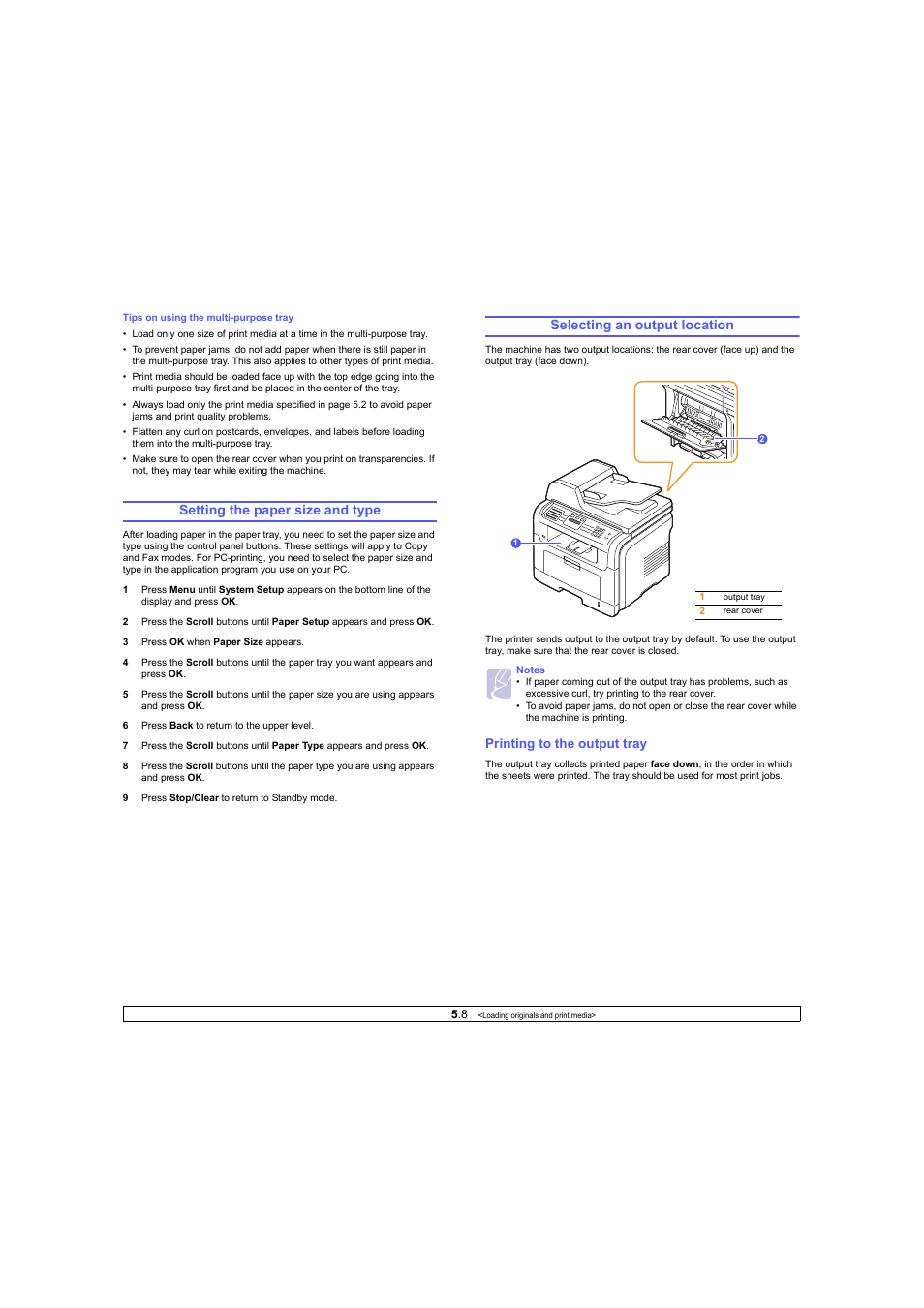 Setting the paper size and type, Selecting an output location, Printing to the output tray | Ricoh Laser MFP Printer User Manual | Page 31 / 129