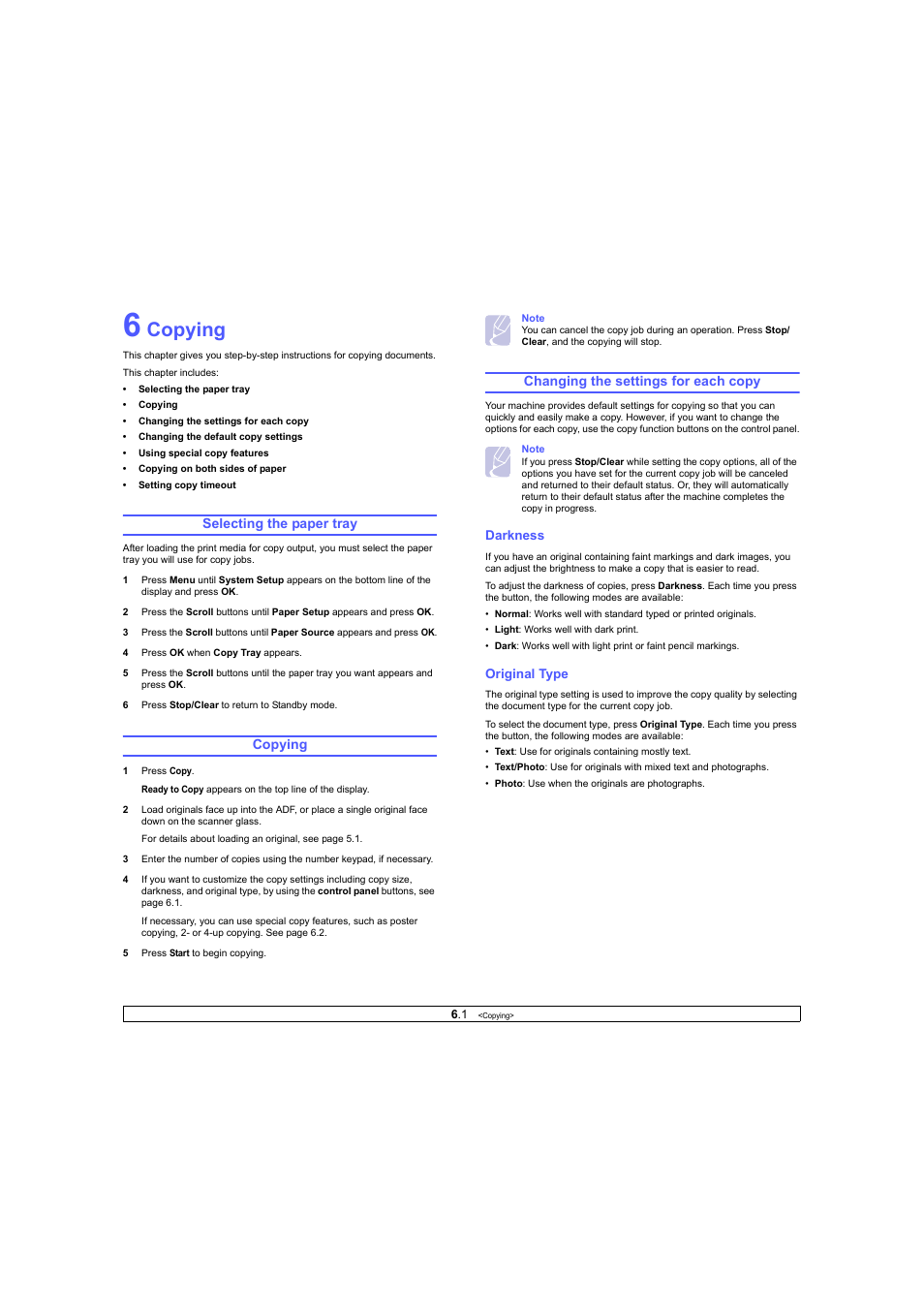 Copying, Selecting the paper tray, Changing the settings for each copy | Darkness, Original type | Ricoh Laser MFP Printer User Manual | Page 33 / 129