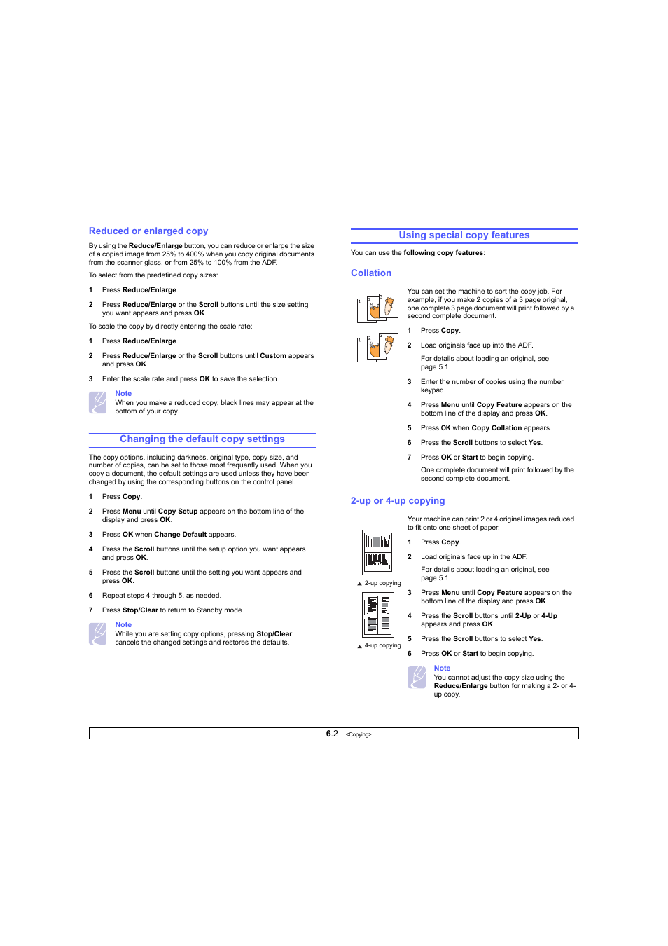 Reduced or enlarged copy, Changing the default copy settings, Using special copy features | Collation, Up or 4-up copying, Ge 6.2 | Ricoh Laser MFP Printer User Manual | Page 34 / 129