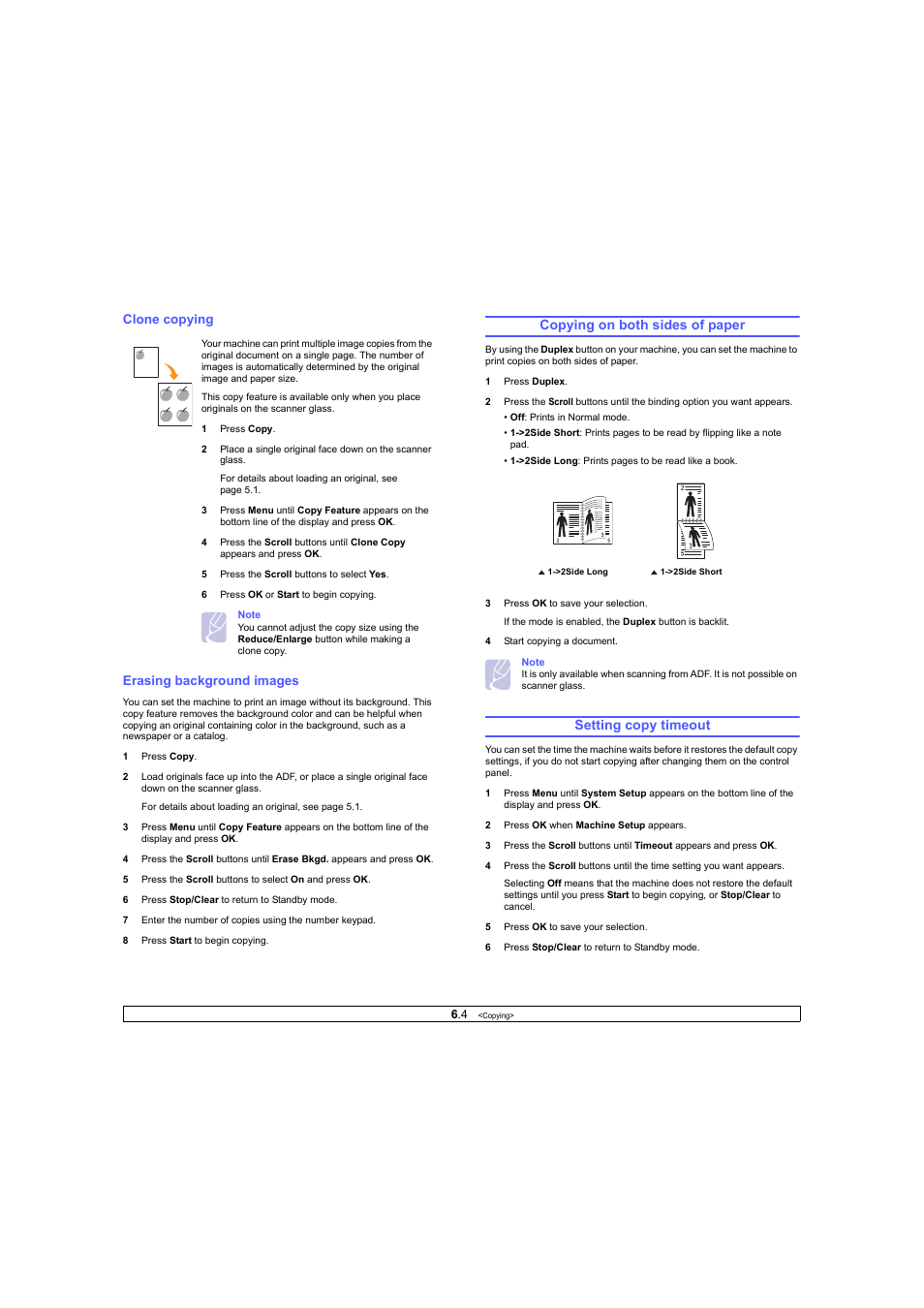 Clone copying, Erasing background images, Copying on both sides of paper | Setting copy timeout | Ricoh Laser MFP Printer User Manual | Page 36 / 129