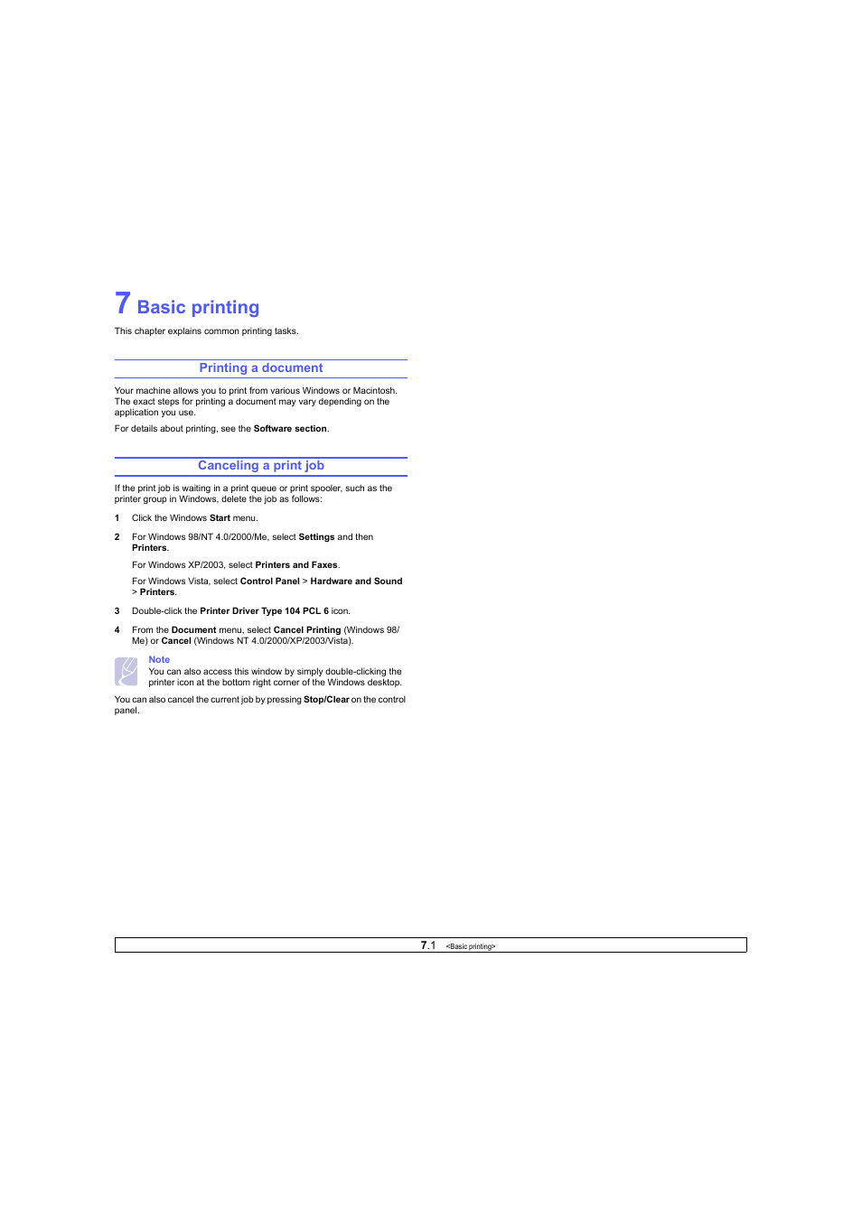 Basic printing, Printing a document, Canceling a print job | Printing a document canceling a print job | Ricoh Laser MFP Printer User Manual | Page 37 / 129