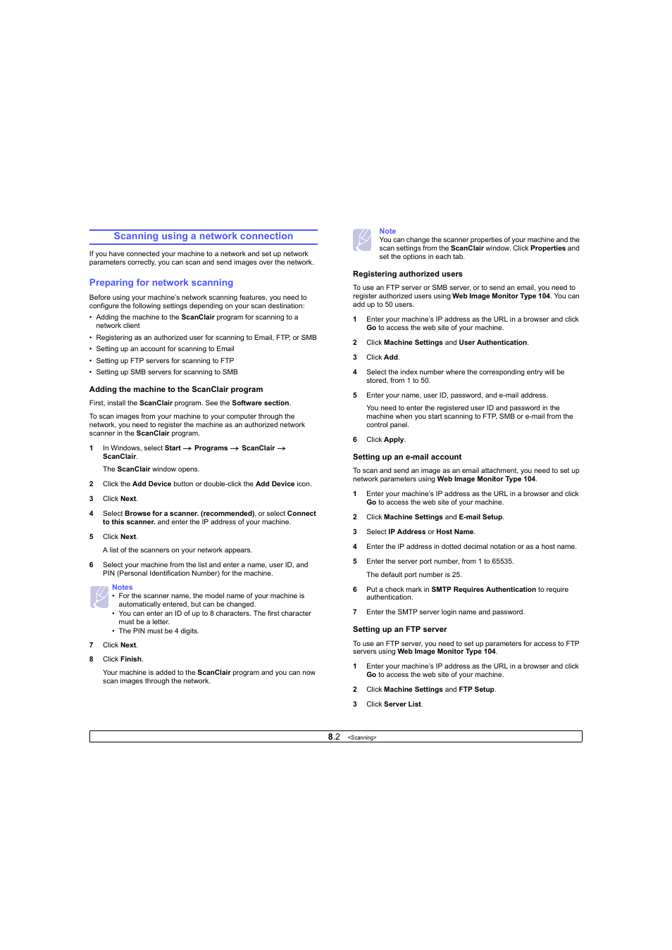 Scanning using a network connection, Preparing for network scanning | Ricoh Laser MFP Printer User Manual | Page 39 / 129