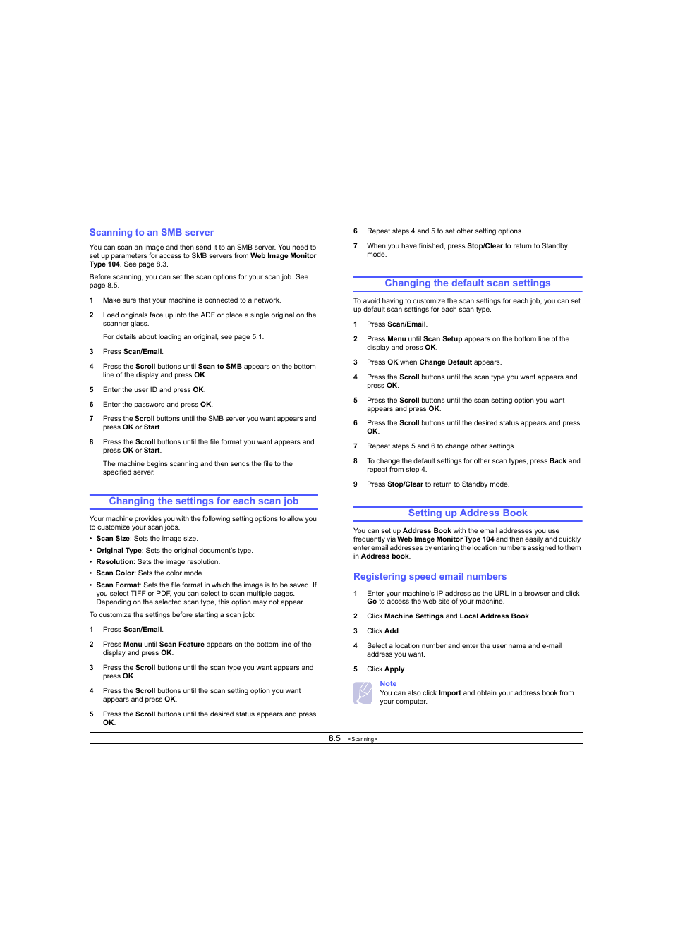 Scanning to an smb server, Changing the settings for each scan job, Changing the default scan settings | Setting up address book, Registering speed email numbers | Ricoh Laser MFP Printer User Manual | Page 42 / 129