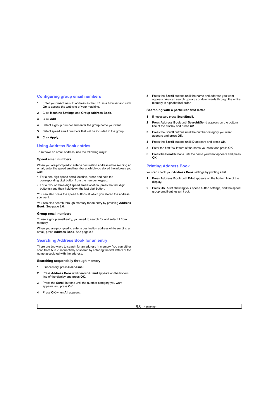 Configuring group email numbers, Using address book entries, Searching address book for an entry | Printing address book | Ricoh Laser MFP Printer User Manual | Page 43 / 129