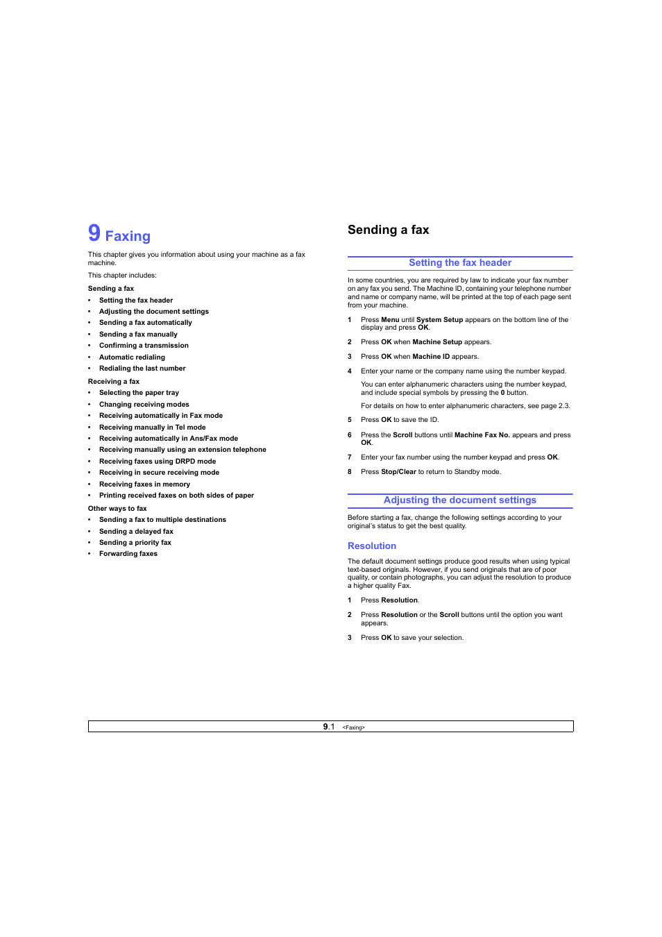 Faxing, Setting the fax header, Adjusting the document settings | Resolution, Sending a fax | Ricoh Laser MFP Printer User Manual | Page 44 / 129
