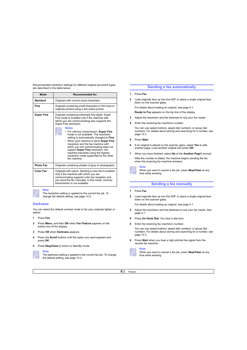 Darkness, Sending a fax automatically, Sending a fax manually | Sending a fax automatically sending a fax manually | Ricoh Laser MFP Printer User Manual | Page 45 / 129