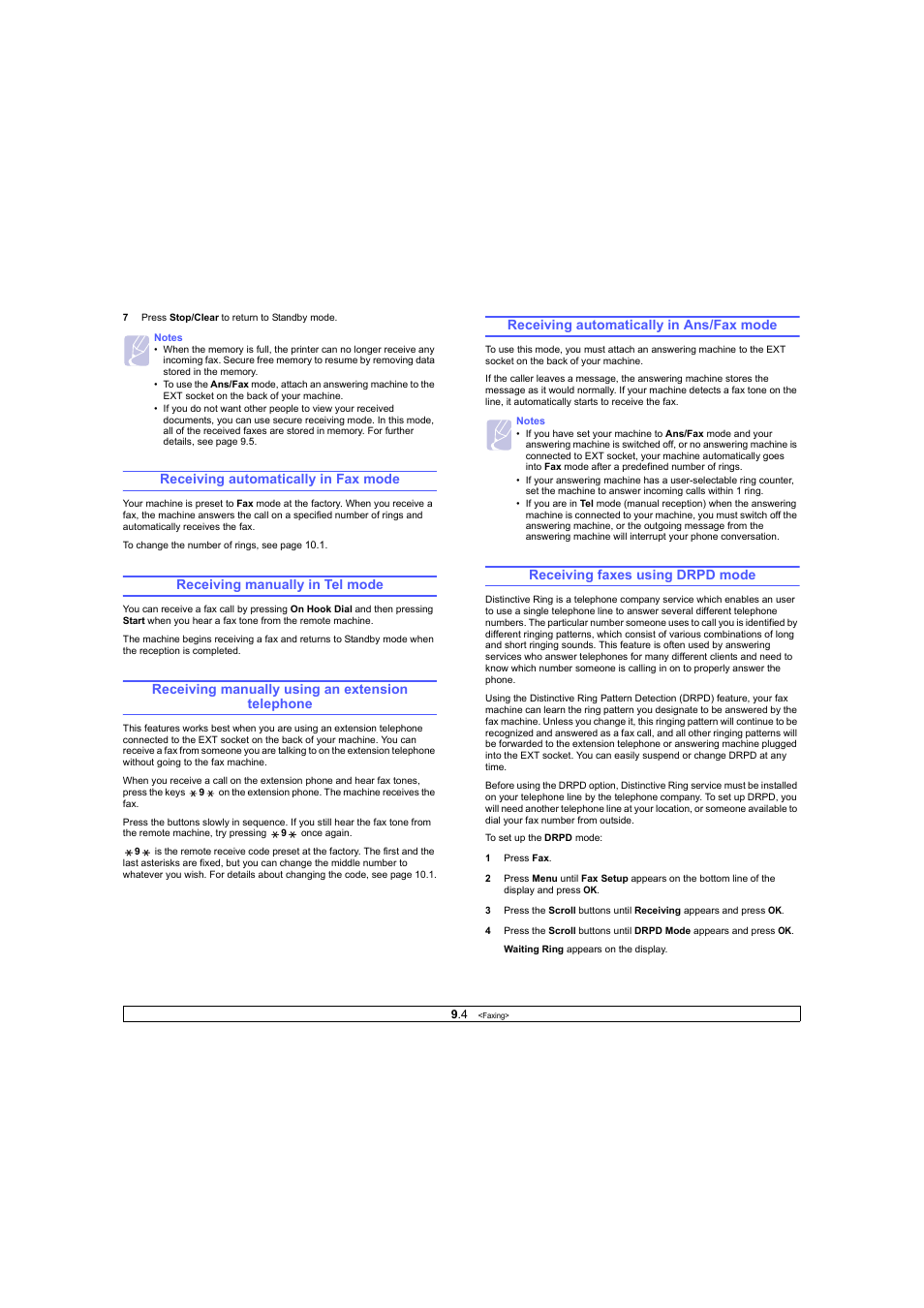 Receiving automatically in fax mode, Receiving manually in tel mode, Receiving manually using an extension telephone | Receiving automatically in ans/fax mode, Receiving faxes using drpd mode, E 9.4 | Ricoh Laser MFP Printer User Manual | Page 47 / 129