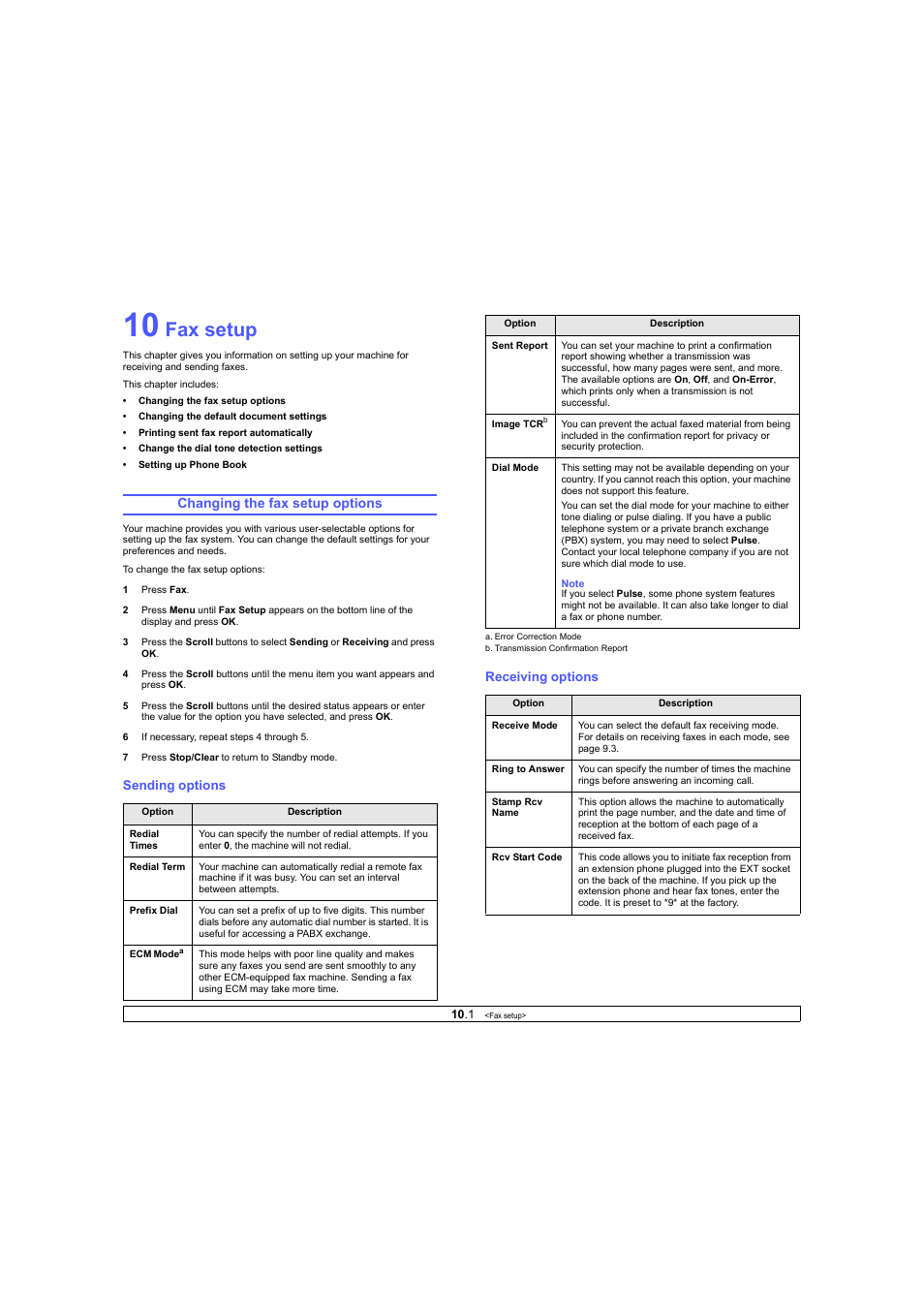 Fax setup, Changing the fax setup options, Sending options | Receiving options, Ge 10.1 | Ricoh Laser MFP Printer User Manual | Page 52 / 129