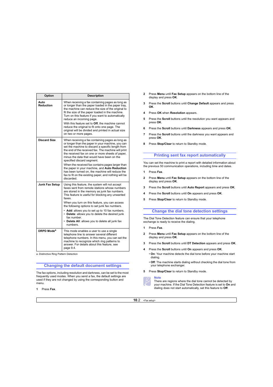 Changing the default document settings, Printing sent fax report automatically, Change the dial tone detection settings | Ricoh Laser MFP Printer User Manual | Page 53 / 129