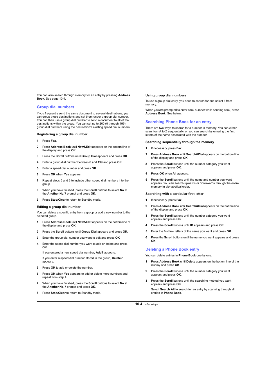 Group dial numbers, Searching phone book for an entry, Deleting a phone book entry | Ricoh Laser MFP Printer User Manual | Page 55 / 129