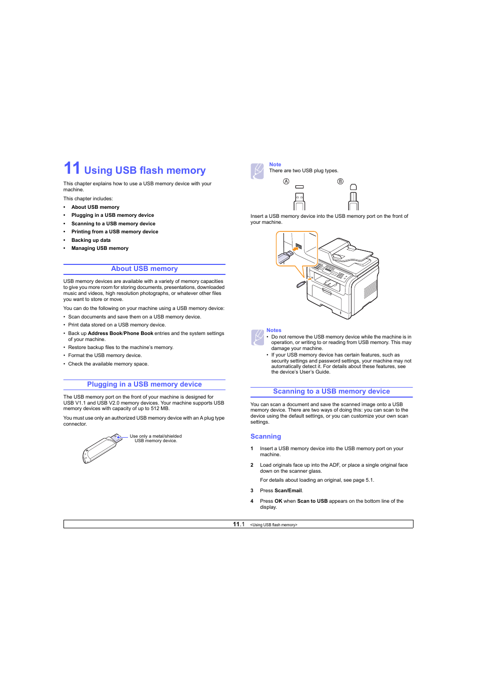 Using usb flash memory, About usb memory, Plugging in a usb memory device | Scanning to a usb memory device, Scanning | Ricoh Laser MFP Printer User Manual | Page 57 / 129
