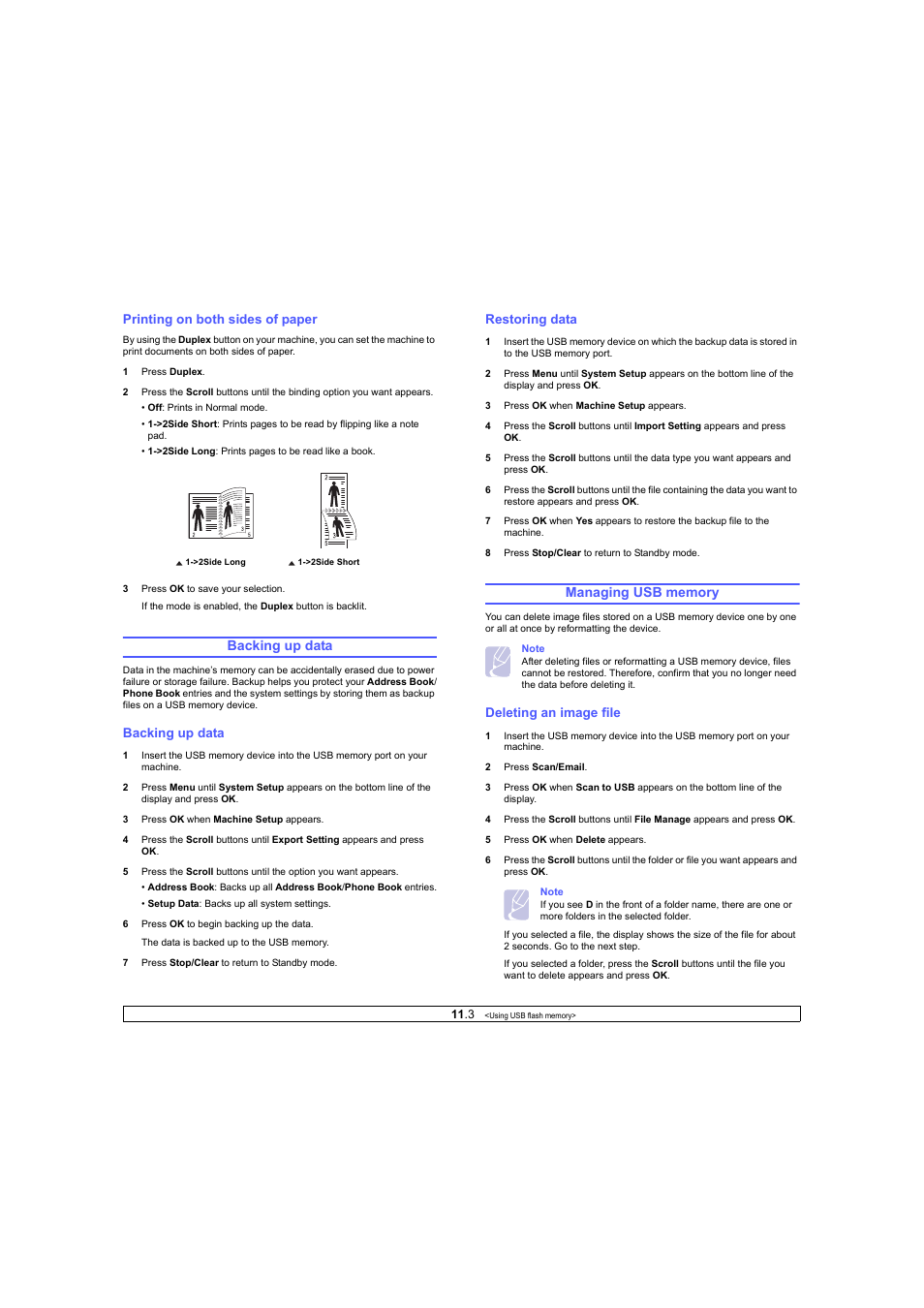 Printing on both sides of paper, Backing up data, Restoring data | Managing usb memory, Deleting an image file, Backing up data managing usb memory | Ricoh Laser MFP Printer User Manual | Page 59 / 129