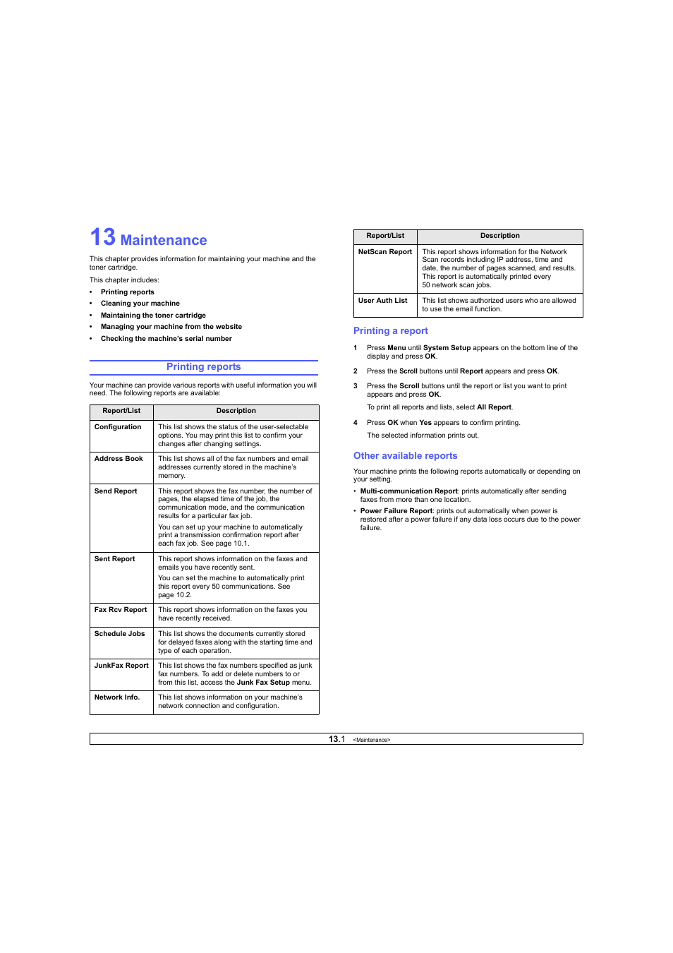 Maintenance, Printing reports, Printing a report | Other available reports | Ricoh Laser MFP Printer User Manual | Page 62 / 129