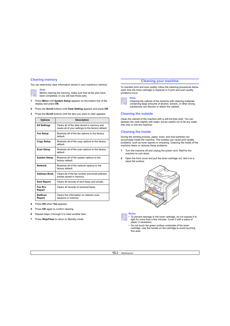 Clearing memory, Cleaning your machine, Cleaning the outside | Cleaning the inside | Ricoh Laser MFP Printer User Manual | Page 63 / 129