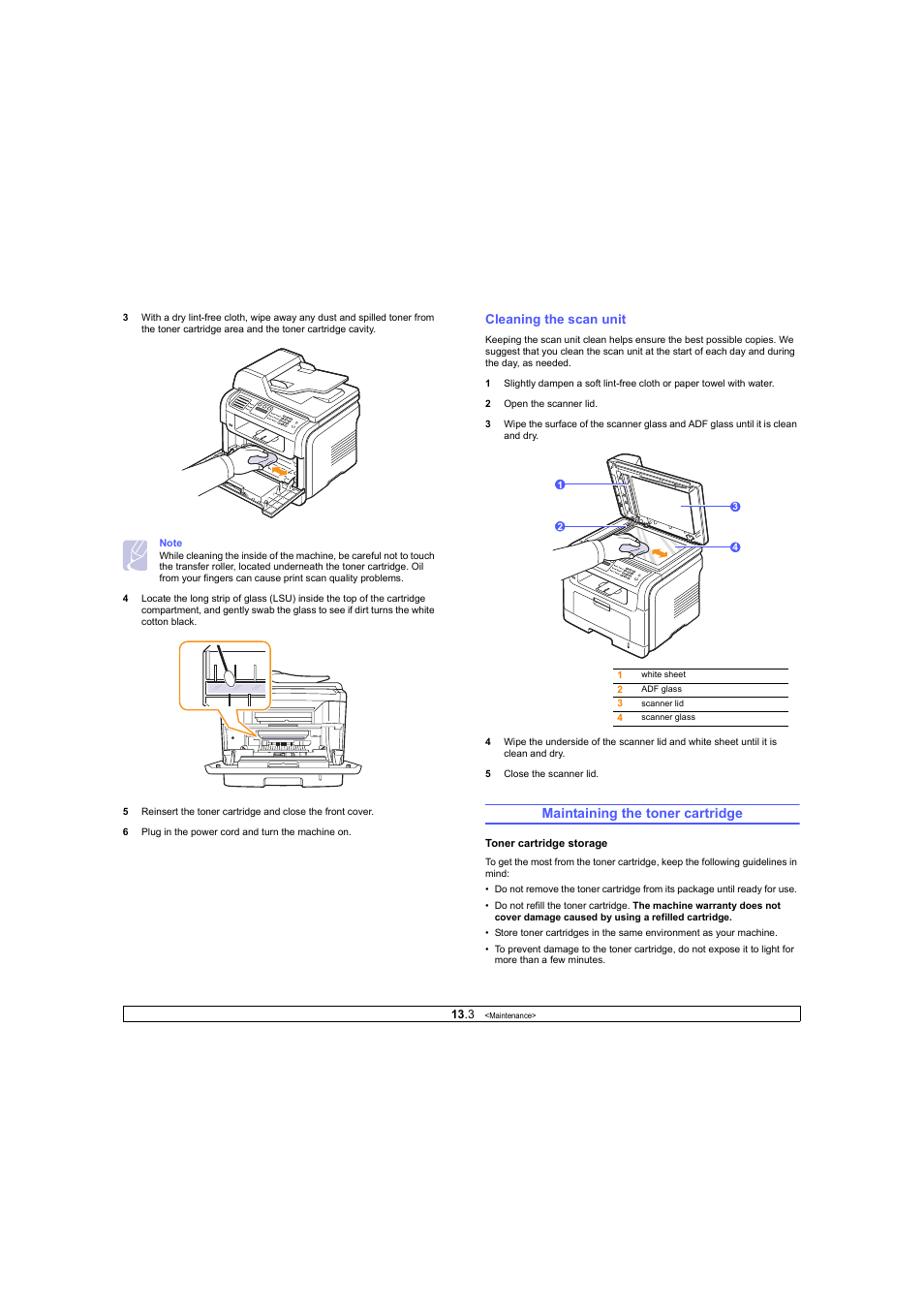 Cleaning the scan unit, Maintaining the toner cartridge | Ricoh Laser MFP Printer User Manual | Page 64 / 129