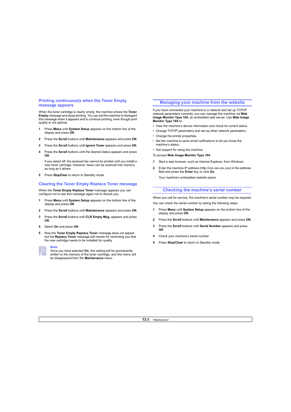 Clearing the toner empty replace toner message, Managing your machine from the website, Checking the machine’s serial number | Ricoh Laser MFP Printer User Manual | Page 67 / 129