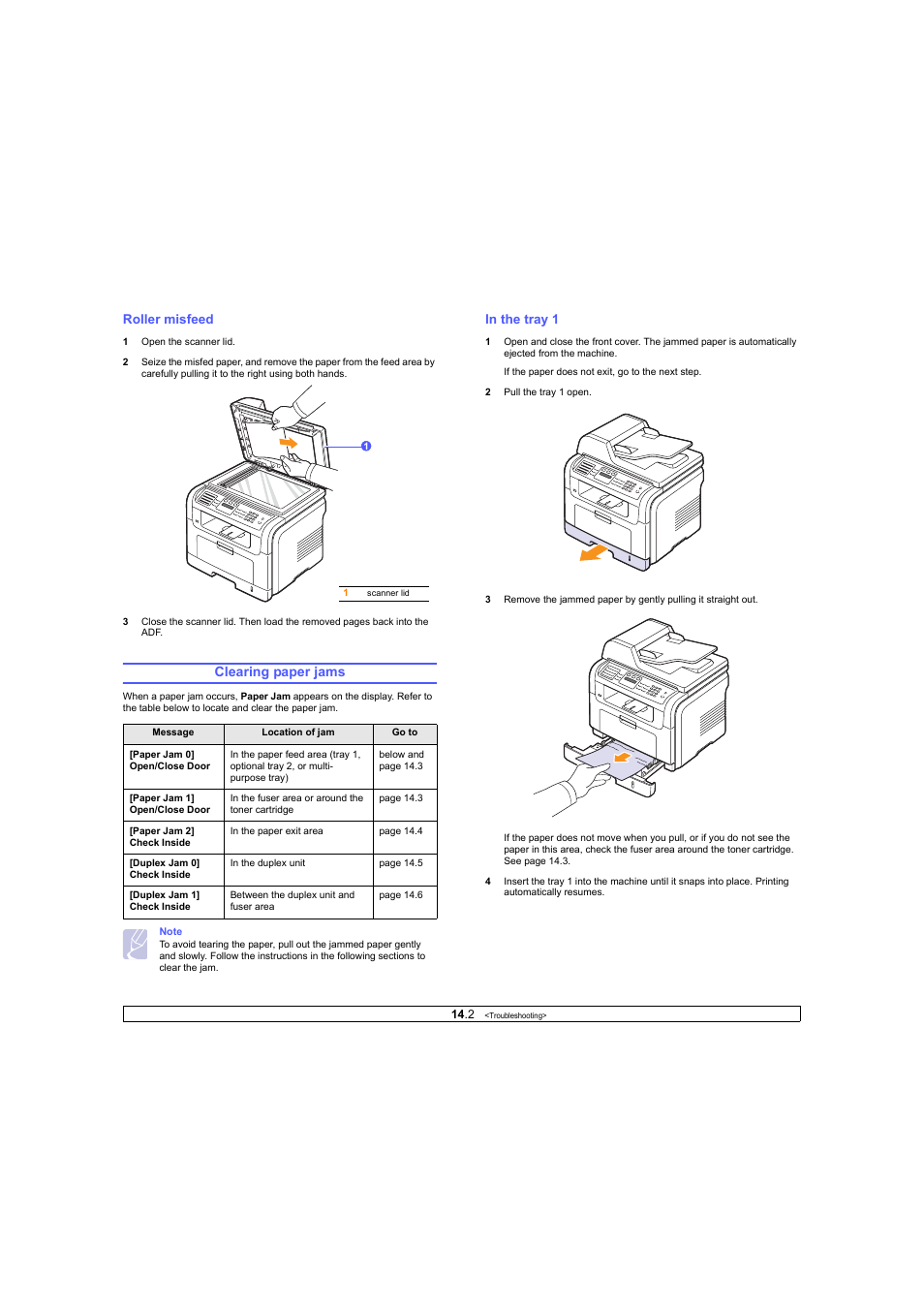 Roller misfeed, Clearing paper jams, In the tray 1 | R to roller misfeed | Ricoh Laser MFP Printer User Manual | Page 69 / 129