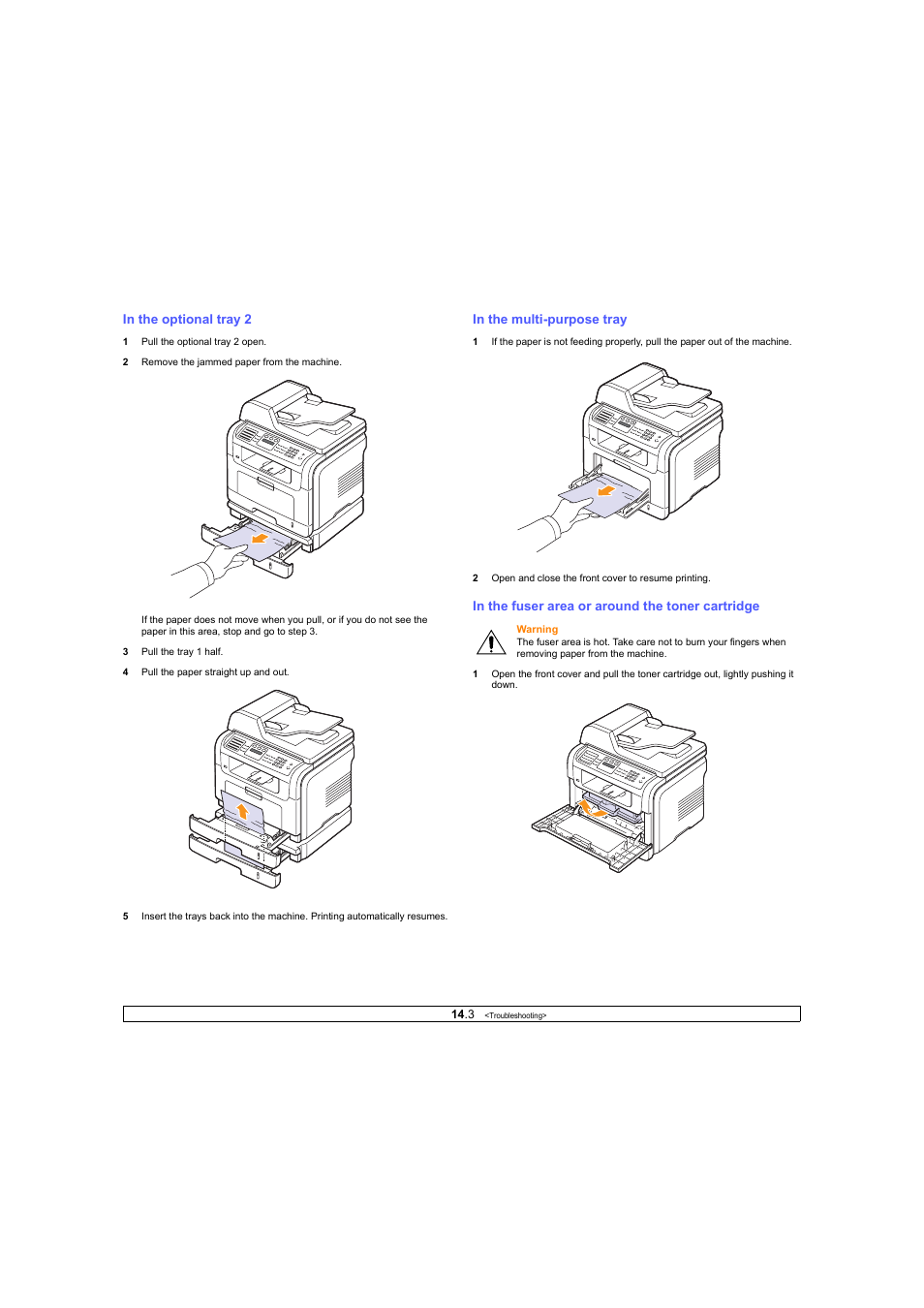 In the optional tray 2, In the multi-purpose tray, In the fuser area or around the toner cartridge | Ricoh Laser MFP Printer User Manual | Page 70 / 129