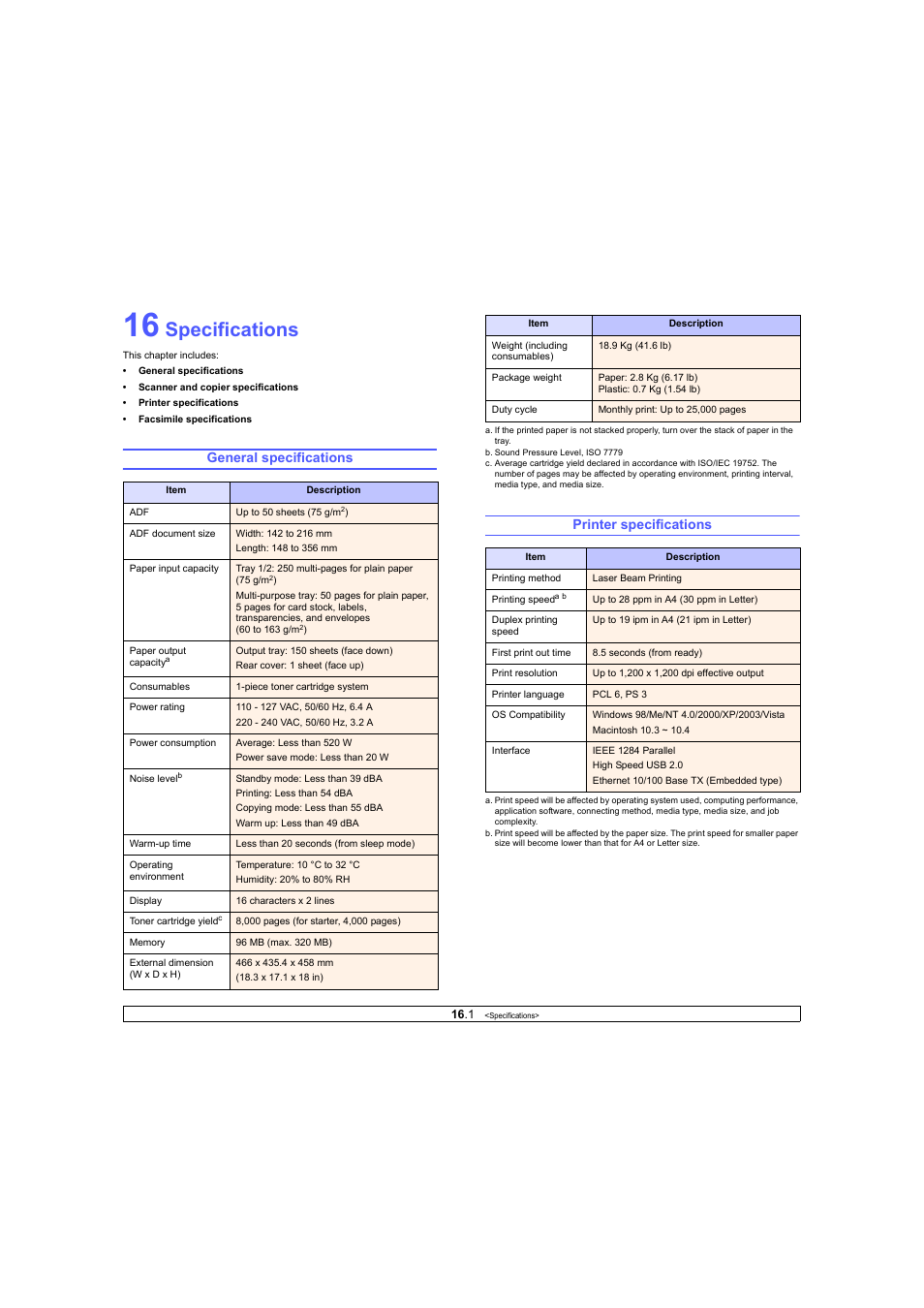 Specifications, General specifications, Printer specifications | General specifications printer specifications | Ricoh Laser MFP Printer User Manual | Page 88 / 129