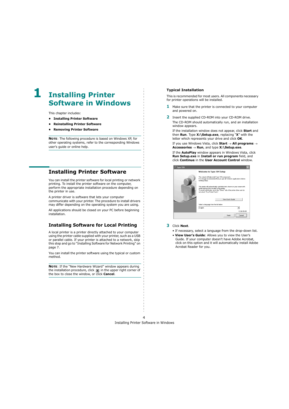 Installing printer software in windows, Installing printer software, Installing software for local printing | Chapter 1 | Ricoh Laser MFP Printer User Manual | Page 96 / 129